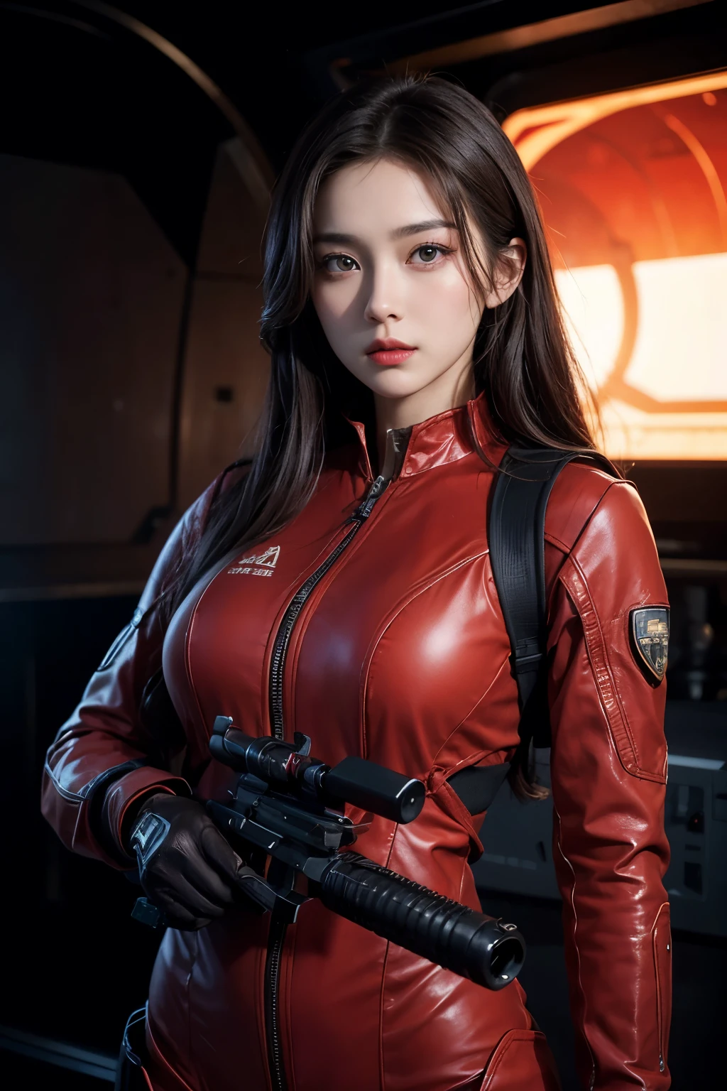 One Beautiful Woman。Dark brown hair。beautiful double eyes。bridge of nose。well-shaped lips。She wears a red combat suit、holding a large gun in one hand。She's in a spaceship。