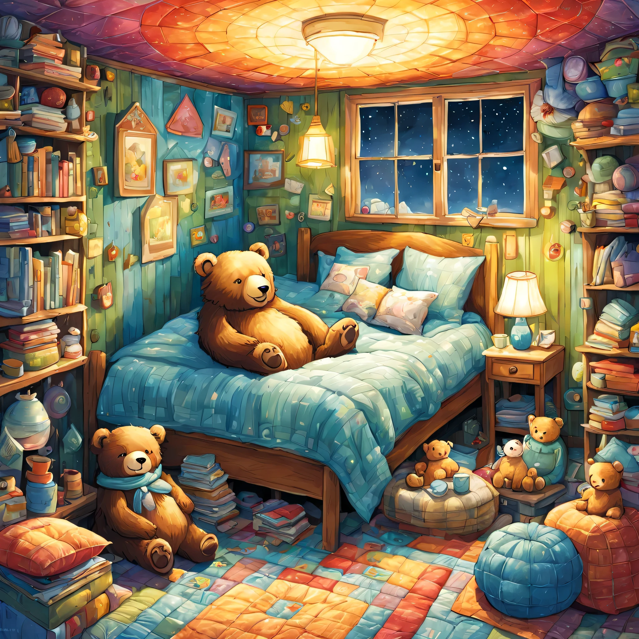 cuteAn illustration,underground:endures:In the hole,bear family:animal:hibernating:cute:nestle:sleep:comfortable and warm:looks happy,An illustration,pop,colorfulに,draw with thick lines,color,dim,lamp light,hibernatingのbear familyが眠っています:dream a happy dream,The nest is warm and full of happiness,,colorful,fancy,fantasy,Patchwork:comforter,Detailed details,fluffy,randolph caldecott style