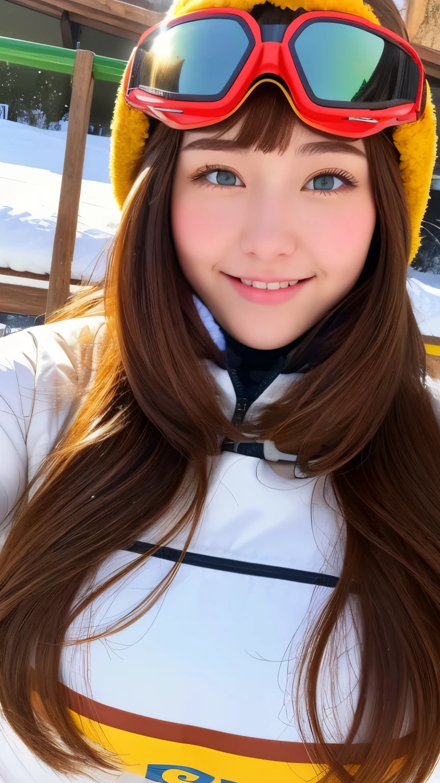 realistic, 1 girl, shining eyes, smile、brown hair、Ultra high definition、20-year-old、Ski resort、snow、ski wear、big breasts、goggles、beautiful eyes