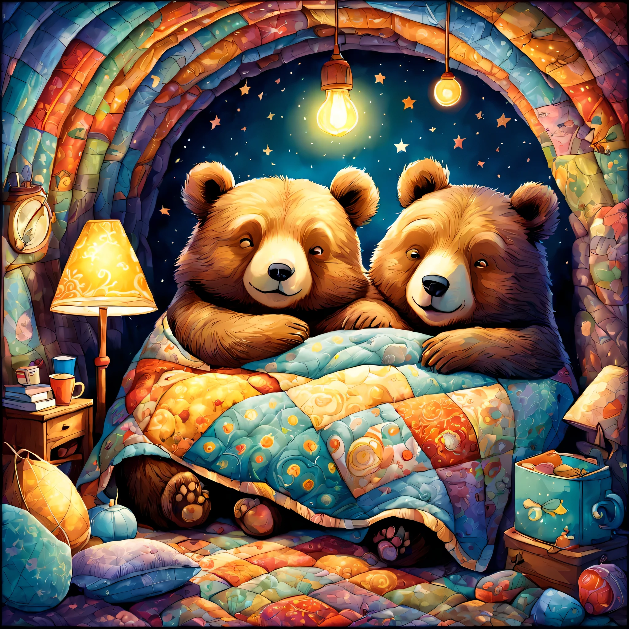 cuteAn illustration,underground:endures:In the hole,bear family:animal:hibernating:cute:nestle:sleep:comfortable and warm:looks happy,An illustration,pop,colorfulに,draw with thick lines,color,dim,lamp light,hibernatingのbear familyが眠っています:dream a happy dream,The nest is warm and full of happiness,,colorful,fancy,fantasy,Patchwork:comforter,Detailed details,fluffy,randolph caldecott style