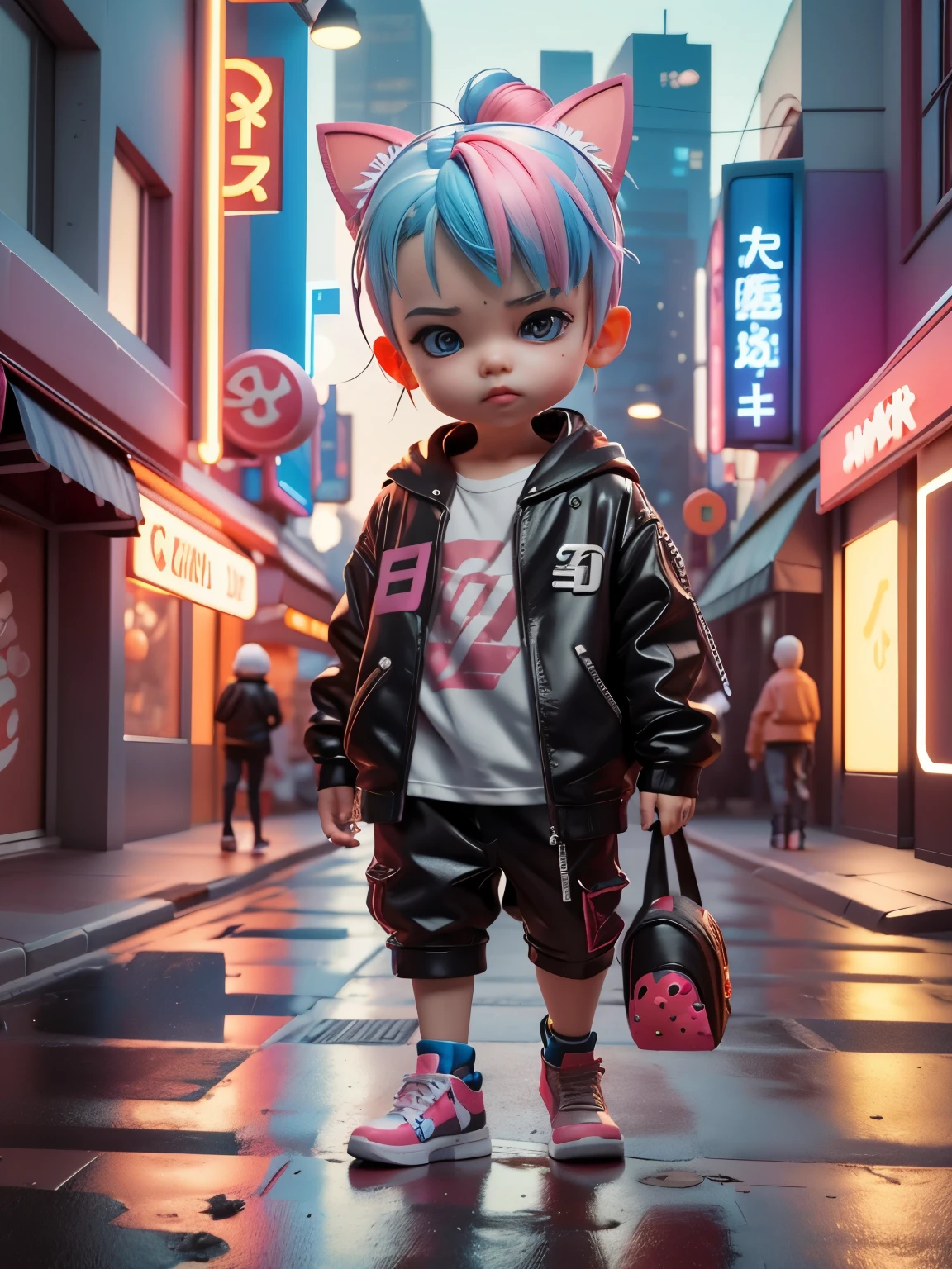 3D toys, 3D rendering, IP, cyberpunk style, Little, Cute little boy, mask, simple background, highest quality, C4D, blender, 3Dmodel, toy, Bright colors, street style, High resolution, lots of details, pixar, candy colors, Big shoes, fashion trend, art