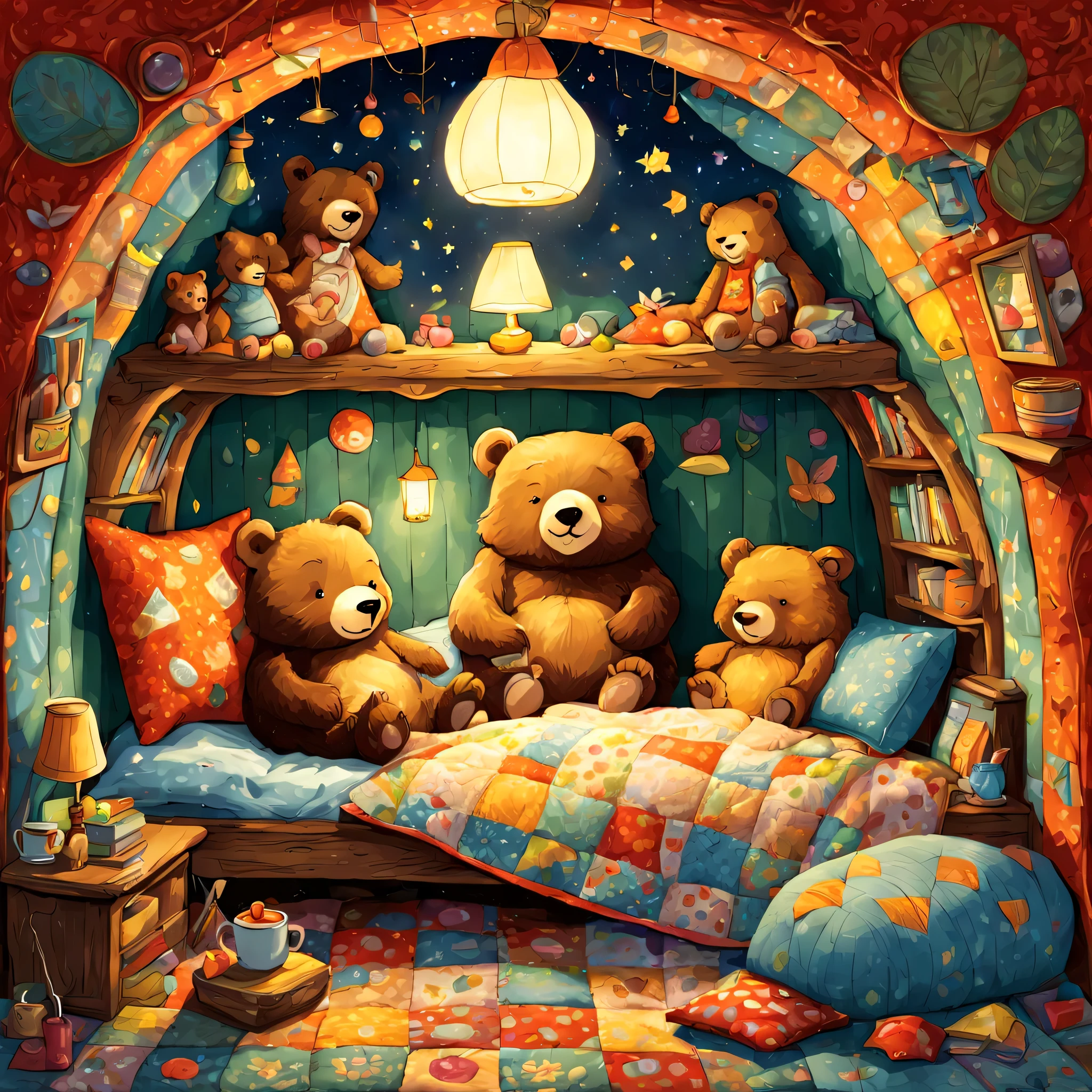 cuteAn illustration,underground:endures:In the hole,bear family:animal:hibernating:cute:nestle:sleep:comfortable and warm:looks happy,An illustration,pop,colorfulに,draw with thick lines,color,dim,lamp light,hibernatingのbear familyが眠っています:dream a happy dream,The nest is warm and full of happiness,,colorful,fancy,fantasy,Patchwork:comforter,Detailed details,fluffy,randolph caldecott style