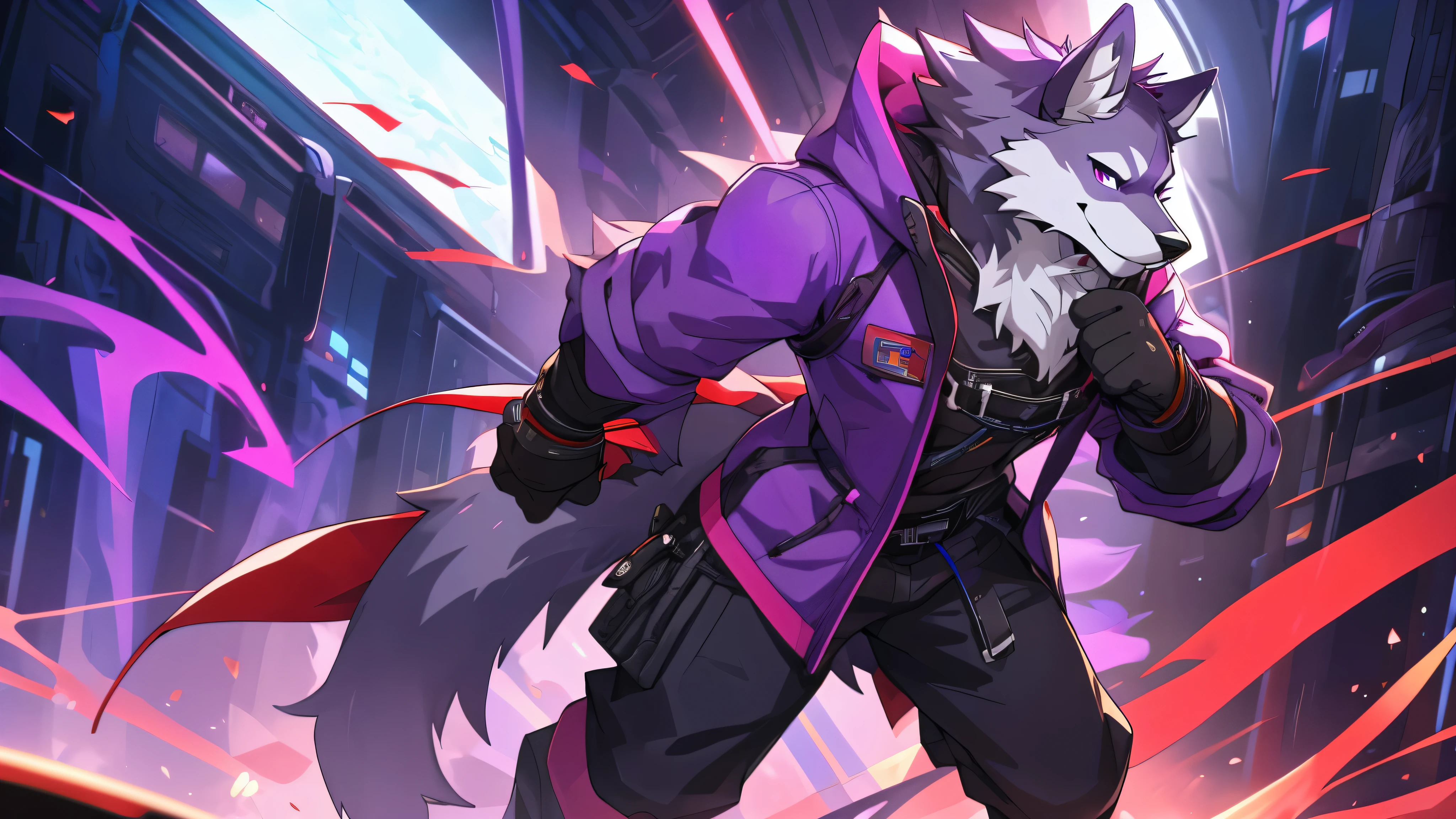 (((1 male))), purple right eye, red left eye, furry, 8K high resolution, very detailed, super masterpiece, highest quality, Super detailed, correct anatomy, personification, Wolf, Background: Future City, (king), wearing a purple and red jacket, whole body, ((Body color is gray and purple)), (slim body shape), Front view, perfect hands, Very enchanting, realistic, masterpiece, highest quality, perfect anatomy, nj5furry, alone, baggy clothes, kind, bright eyes, fine eyes, looking at viewer, muscular.
