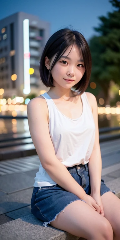 1 girl, tokyo street, night, cityscape, city lights, Upper body, close, smile, (8K, RAW photo, highest quality, masterpiece: 1.2), (genuine, photogenuine: 1.37), sitting on a park bench Look at me and smile, There are many trees nearby, There is also a fountain, A little water from the fountain enters the photo frame