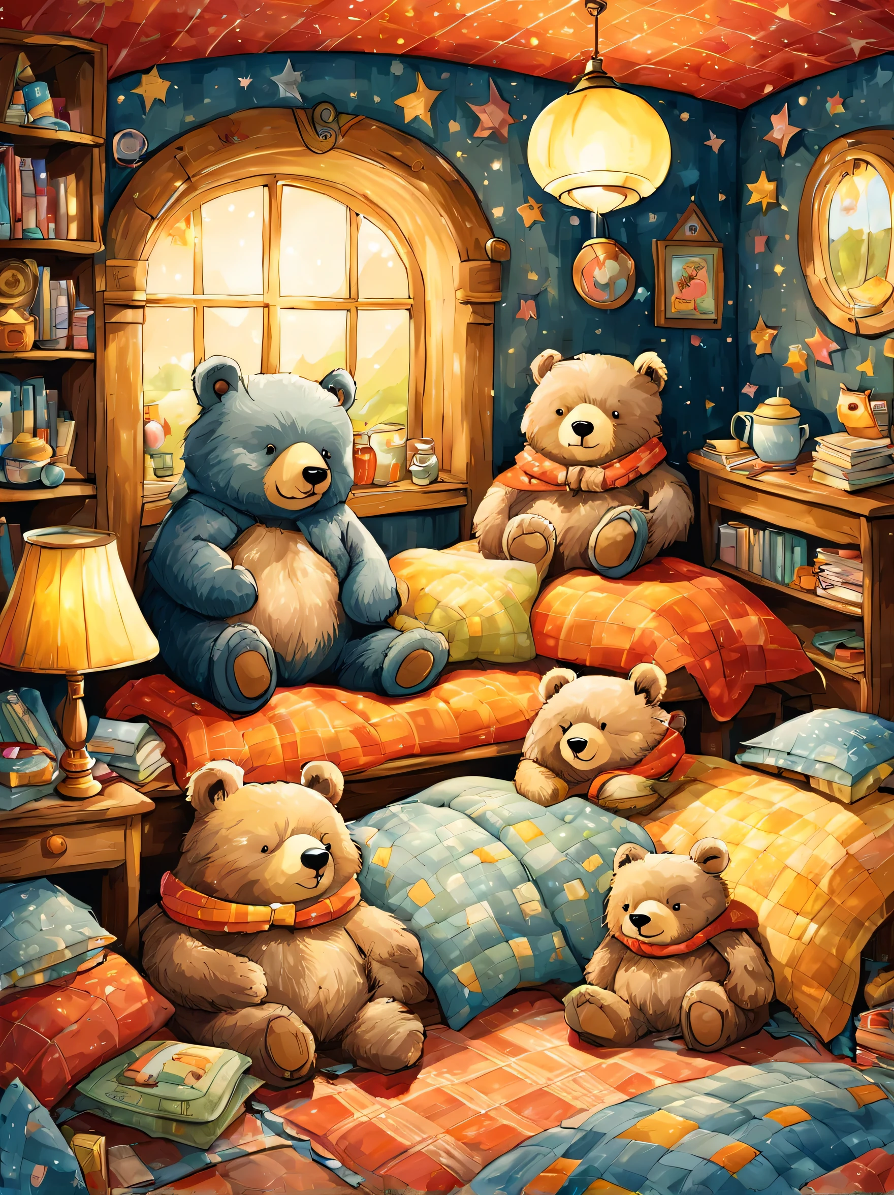 cuteAn illustration,underground:endures:In the hole,bear family:animal:hibernating:cute:nestle:sleep:comfortable and warm:looks happy,An illustration,pop,colorfulに,draw with thick lines,color,dim,lamp light,hibernatingのbear familyが眠っています:dream a happy dream,The nest is warm and full of happiness,,colorful,fancy,fantasy,Patchwork:comforter,Detailed details,fluffy,randolph caldecott style