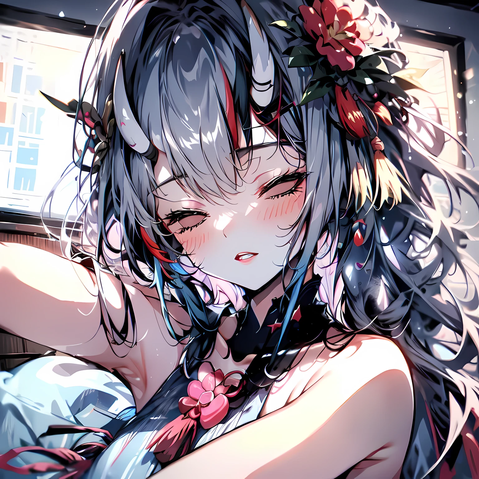 Kiri Ayame, eyes closed, sleep, lie, blush, 1 girl, open mouth, whole body, colored skin, indoors,   lips, Stomach, armpit, clavicle, hand on another's hand