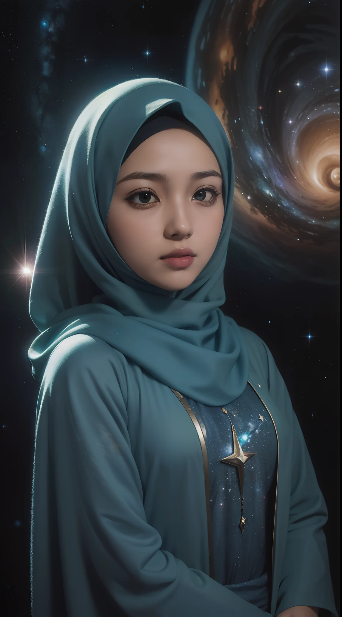 Craft a celestial-themed portrait of a Malay girl in hijab. Illuminate the hijab with stars and galaxies, blending the earthly with the cosmic in a mesmerizing and ethereal composition, 8mm, Close-up shot, cool-toned color grading, depth of field, film noir