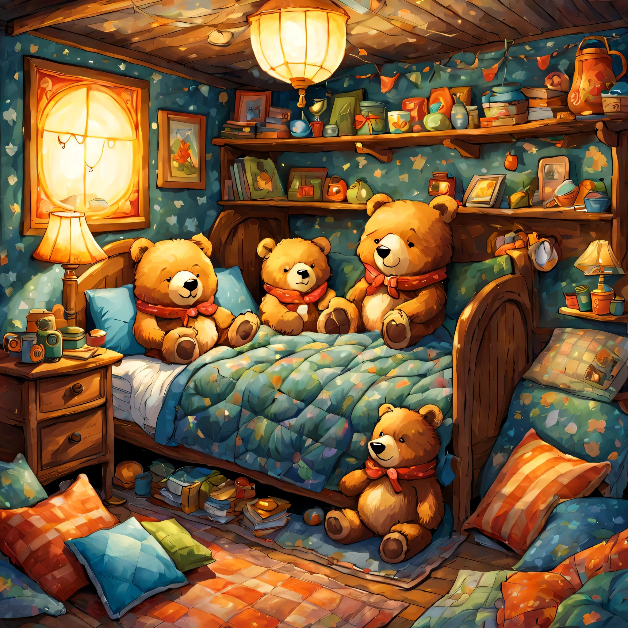 cuteAn illustration,underground:endures:In the hole,bear family:animal:hibernating:cute:nestle:sleep:comfortable and warm:looks happy,An illustration,pop,colorfulに,draw with thick lines,color,dim,lamp light,hibernatingのbear familyが眠っています:dream a happy dream,The nest is warm and full of happiness,,colorful,fancy,fantasy,Patchwork:comforter,Detailed details,fluffy,randolph caldecott style