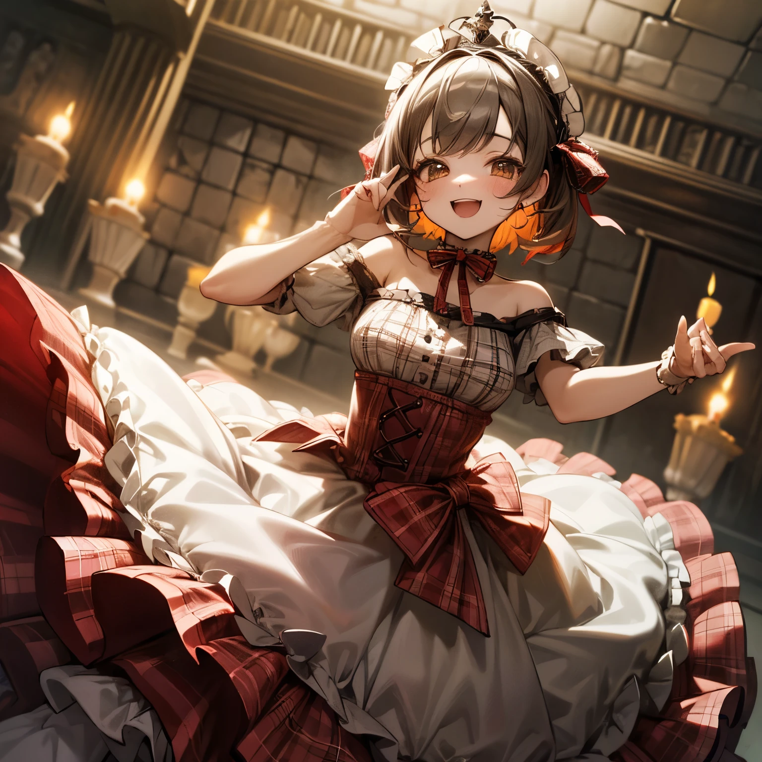 ((Masterpiece)), (best quality), cute , Plaid dress, (Off-Shoulder dress), hoop dress, wearing toy tiara, (ta fashion), ((Vibrant Pose)), ((Candlelight)), exposed bare shoulder and arms, lolityle, , cute smile, open mouth, pretty, portrait of lolita g emo style, red checker, (in the dim concrete basement,), ribbon belt, (Melted Chocolates walls),