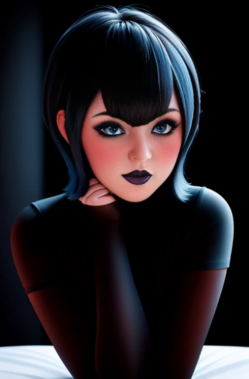 breasts, 1girl, blue eyes, nipples, lips, looking at viewer, nose, blurry, hetero, black hair, pov, blurry background, hand on own face, bangs, hand on own cheek, solo focus, 1boy, curtains, meme attire, short hair, depth of field