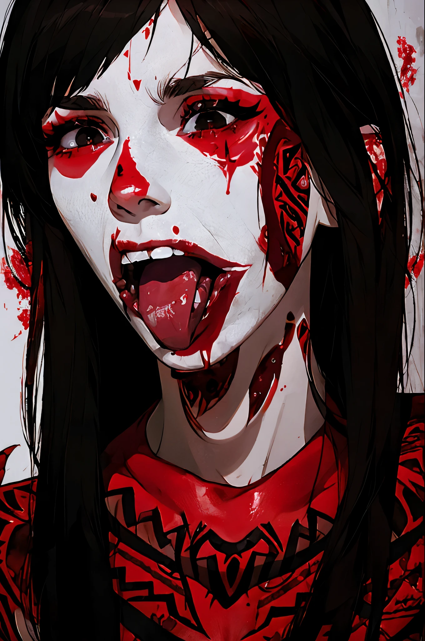 Portrait, sex-addicted cannibal woman, darting tongue,(red tribal tattoo:1.2), (blood dripping on white face:1), (bloody face:1.3), bizarre expression