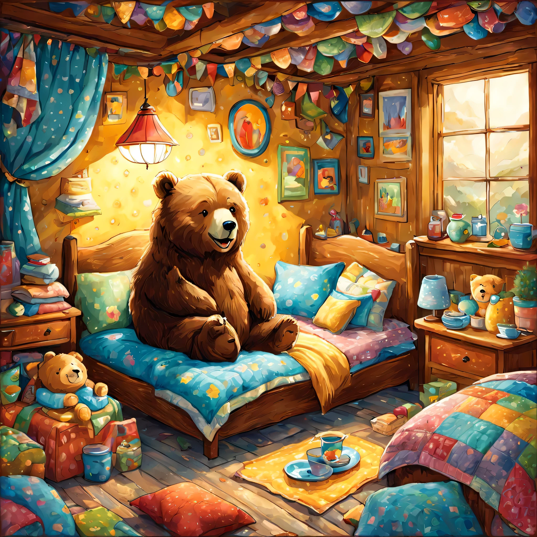 cuteAn illustration,underground:endures:In the hole,bear family:animal:hibernating:cute:nestle:sleep:comfortable and warm:looks happy,An illustration,pop,colorfulに,draw with thick lines,color,dim,lamp light,hibernatingのbear familyが眠っています:dream a happy dream,The nest is warm and full of happiness,,colorful,fancy,fantasy,Patchwork:comforter,Detailed details,fluffy,randolph caldecott style