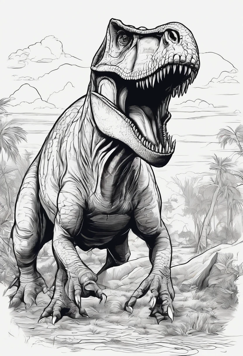 No Colors just Line art Black and white una feroz batalla entre un T-Rex y un triceratops, (La mejor calidad, 4k, Altas Resoluciones, Ultra detallado), Lucha intensa, rugidos y trompetas, Dusty prehistoric landscape, Sombras realistas, Less details coloring book friendly, (Detallado, intrincado, elaborar) Escamas y texturas de dinosaurios, Dynamic Moves, (feroz, determinado) Expresiones en las caras de dinosaurios, (poderoso, muscular) Cuerpos, dientes afilados y cuernos, (big size ass, imponente) Size, (dramatic, dynamic) luci, (poderoso, energetic) Plantea, (tension, anticipation) En el aire,1 versus 1,sangre,cazando,defendiendose,lucha de vida o muerte No Colors just Line art Black and white