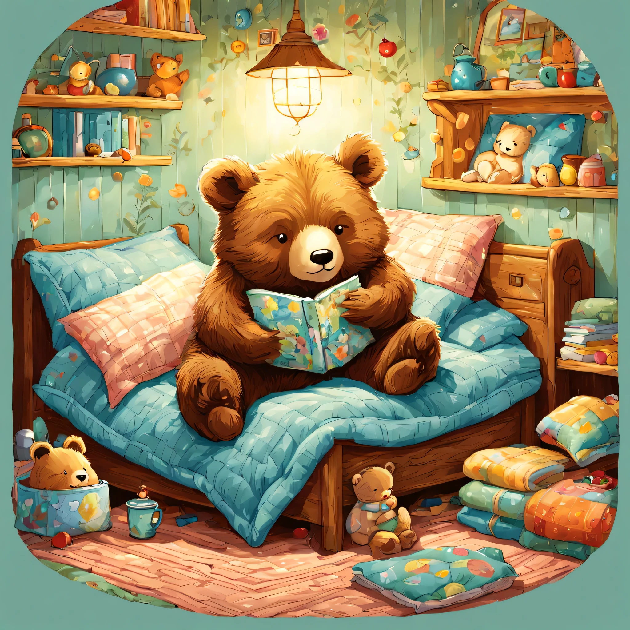 cuteAn illustration,underground:endures:In the hole,bear family:animal:hibernating:cute:nestle:sleep:comfortable and warm:looks happy,An illustration,pop,colorfulに,draw with thick lines,color,dim,lamp light,hibernatingのbear familyが眠っています:dream a happy dream,The nest is warm and full of happiness,,colorful,fancy,fantasy,Patchwork:comforter,Detailed details,fluffy,randolph caldecott style