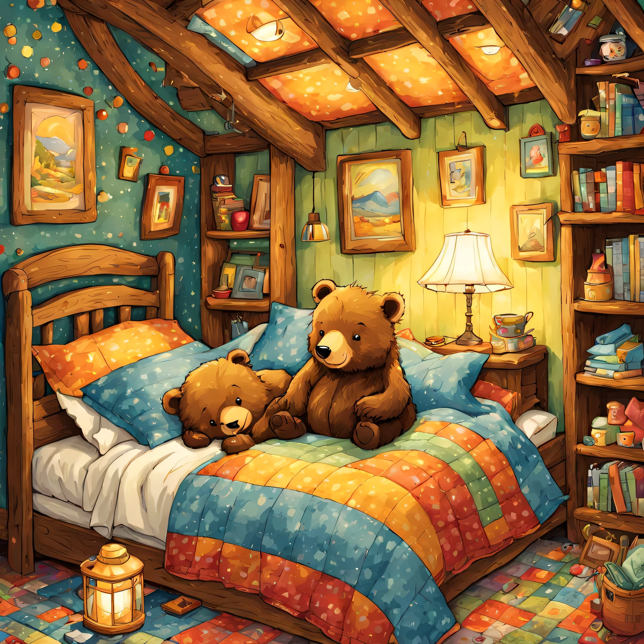 cuteAn illustration,underground:endures:In the hole,bear family:animal:hibernating:cute:nestle:sleep:comfortable and warm:looks happy,An illustration,pop,colorfulに,draw with thick lines,color,dim,lamp light,hibernatingのbear familyが眠っています:dream a happy dream,The nest is warm and full of happiness,,colorful,fancy,fantasy,Patchwork:comforter,Detailed details,fluffy,randolph caldecott style