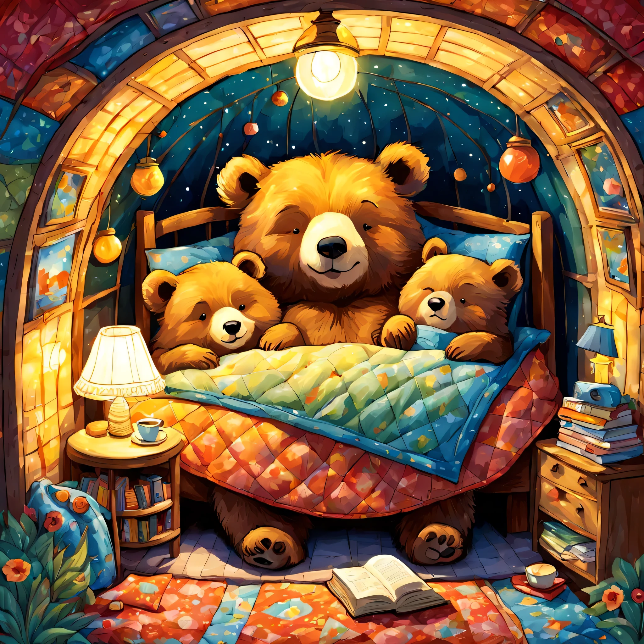 cuteAn illustration,underground:endures:In the hole,bear family:animal:hibernating:cute:nestle:sleep:comfortable and warm:looks happy,An illustration,pop,colorfulに,draw with thick lines,color,dim,lamp light,hibernatingのbear familyが眠っています:dream a happy dream,The nest is warm and full of happiness,,colorful,fancy,fantasy,Patchwork:comforter,Detailed details,fluffy,randolph caldecott style