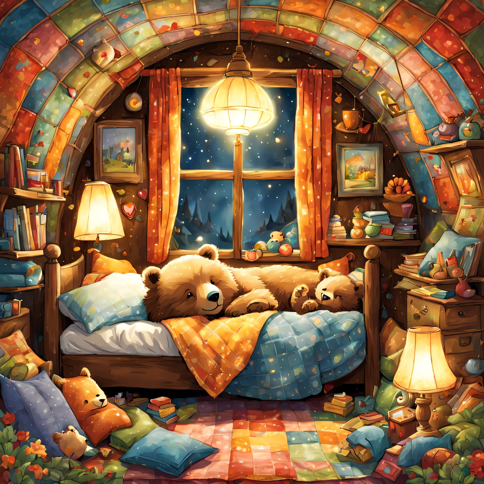 cuteAn illustration,underground:endures:In the hole,bear family:animal:hibernating:cute:nestle:sleep:comfortable and warm:looks happy,An illustration,pop,colorfulに,draw with thick lines,color,dim,lamp light,hibernatingのbear familyが眠っています:dream a happy dream,The nest is warm and full of happiness,,colorful,fancy,fantasy,Patchwork:comforter,Detailed details,fluffy,randolph caldecott style