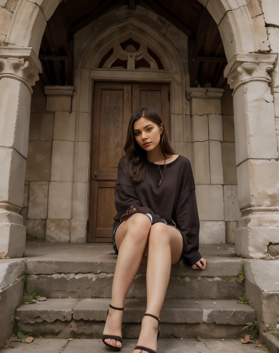 A woman dressed in comfortable clothes in front of an ancient church 