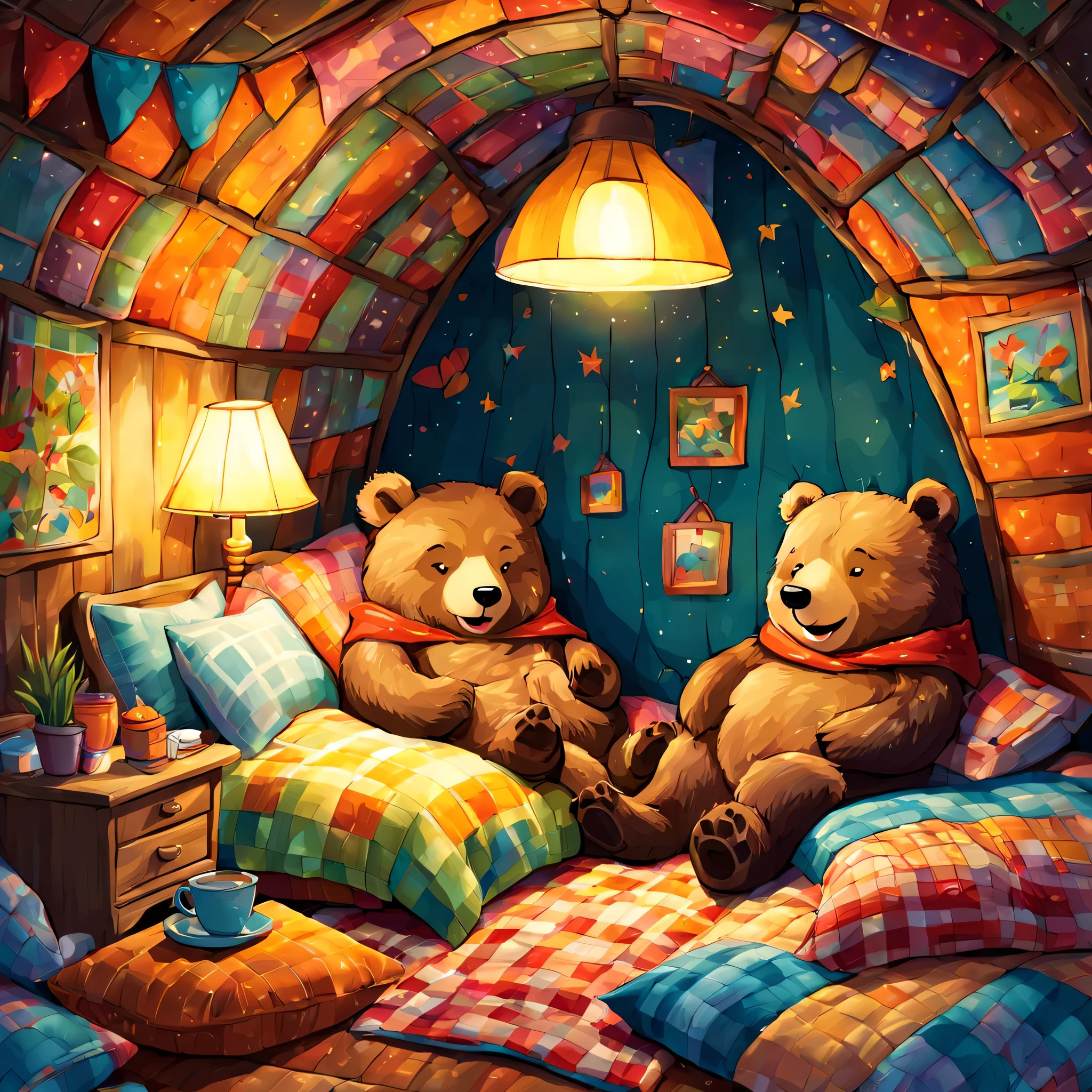 cuteAn illustration,underground:endures:In the hole,bear family:animal:hibernating:cute:nestle:sleep:comfortable and warm:looks happy,An illustration,pop,colorfulに,draw with thick lines,color,dim,lamp light,hibernatingのbear familyが眠っています:dream a happy dream,The nest is warm and full of happiness,,colorful,fancy,fantasy,Patchwork:comforter,Detailed details,fluffy
