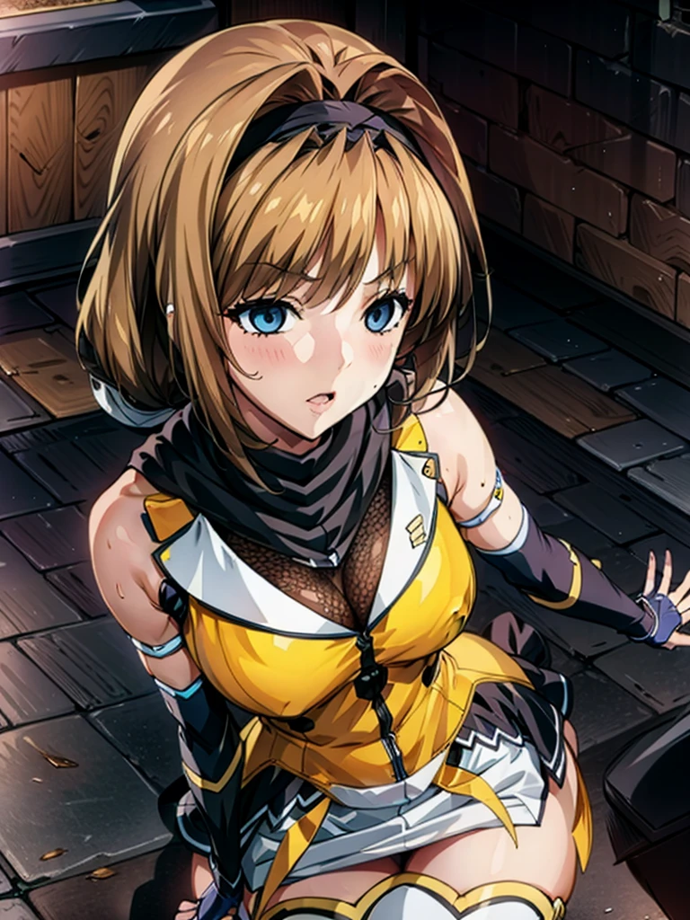 (hyper extreme detailed),(masterpiece),(hyper extreme),(realistic),cg,Lastration,novel iLastration,1 girl,takamori_Haruka,ninja,white mini skirt, yellow cloth,white legwear,,hypnorolla,empty eyes,(futuristic laboratory interior:1.4),upright