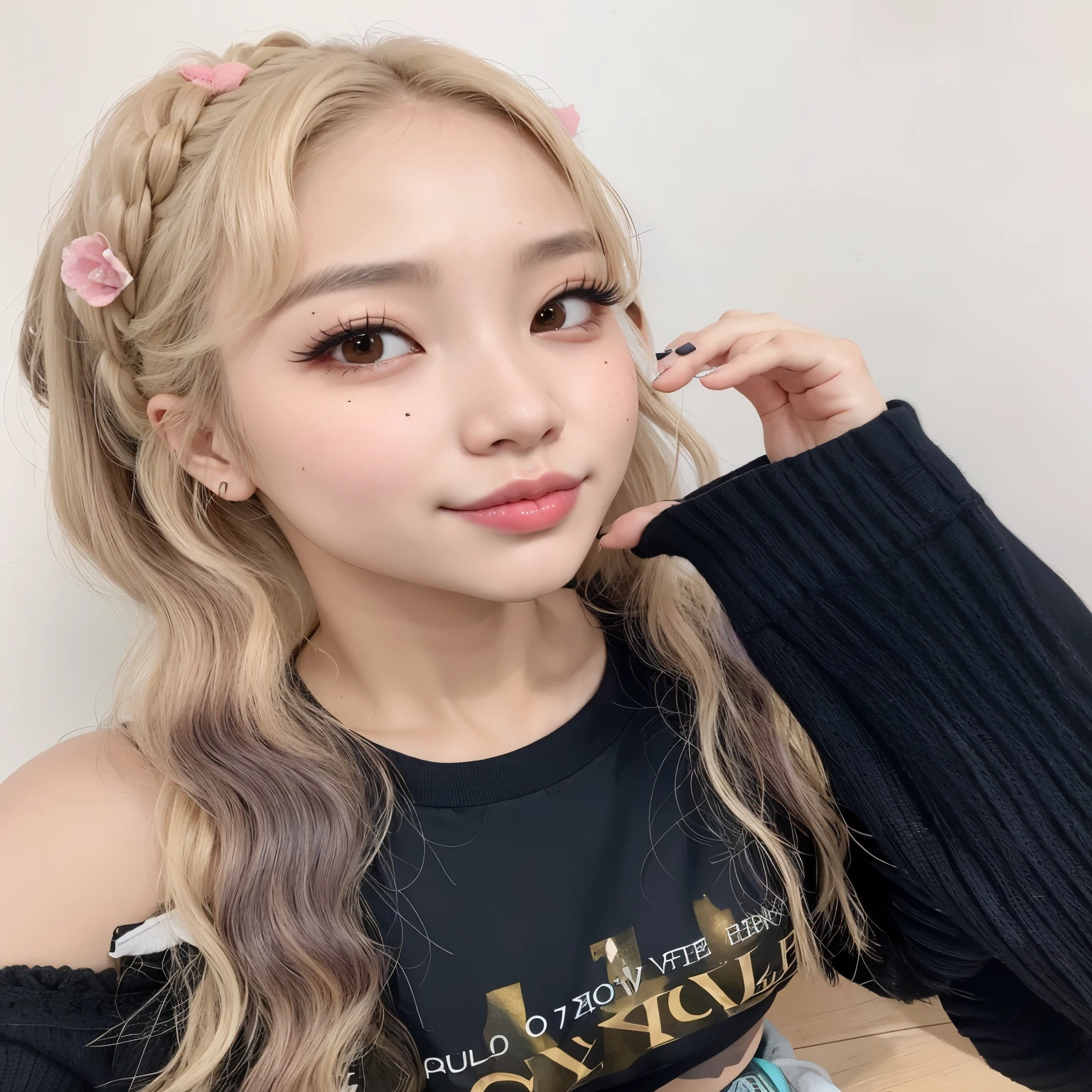 um close up de uma pessoa com cabelos longos e uma camisa preta, Son chaeyoung twice , Sun Yunjoo, cl, adorable and pale korean face, Heonhwa Choe, portrait of Chaeyoung twice, taejune kim, tzuyu de duas vezes, braids hairstyle, jossi do blackpink, jaeyeon nam, Jinyoung Shin, penteado twintails