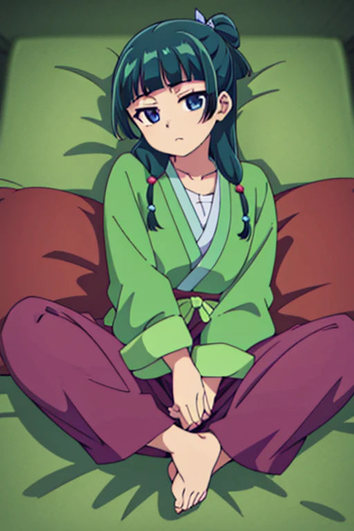 Highest quality, 8ก, very detailed, 1 girl, All in all, Chinese style kimono, green jacket, purple long skirt, blue eyes, a green hair,chest, tits, chestเล็ก, legs raised,Spread your legs, sleep, Seduce,Erotica