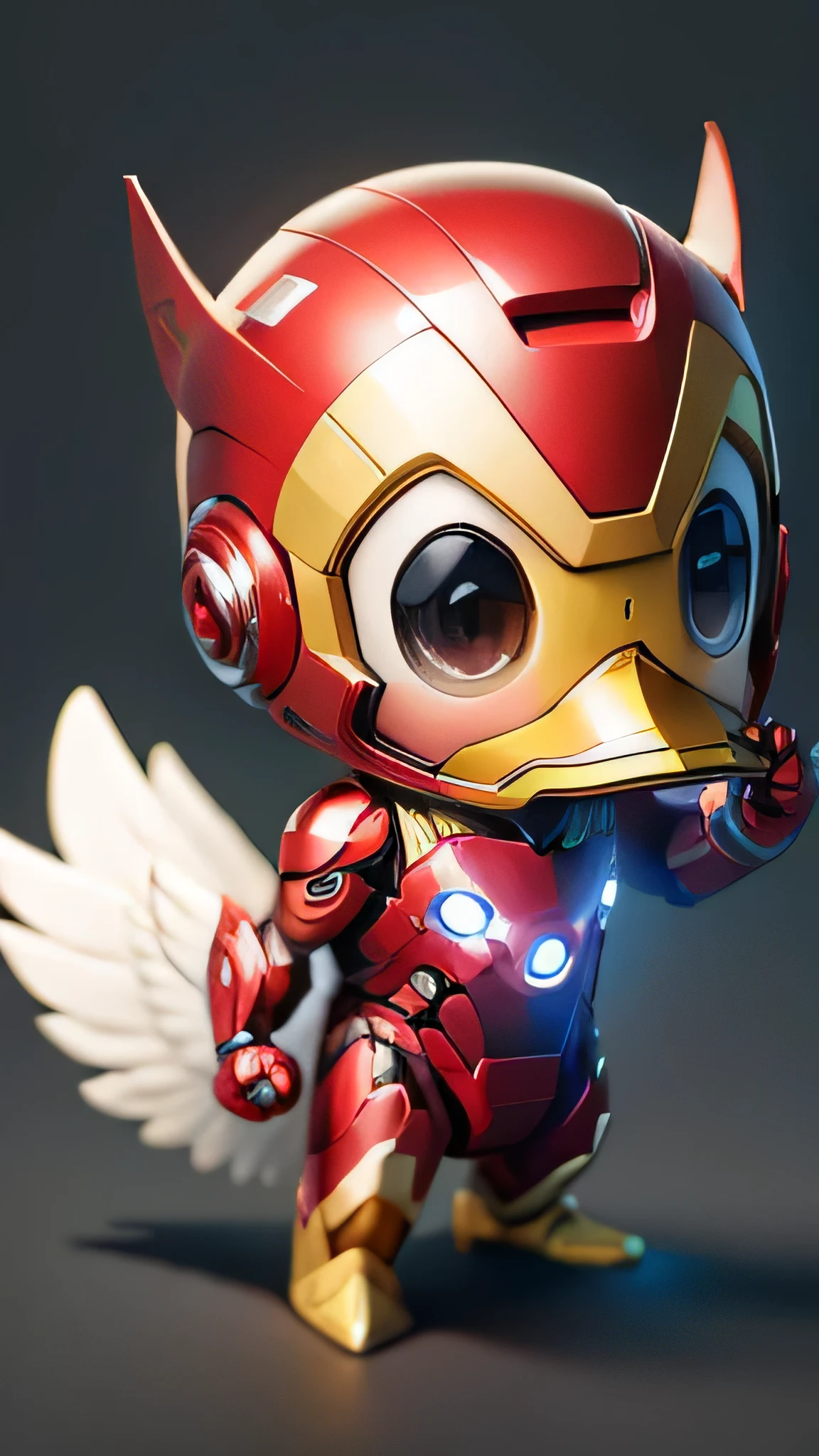 A cute duck in Ironman suit, small, tiny, chibi style, full body, sharp focus, 8k wallpaper, masterpiece, without the helmet