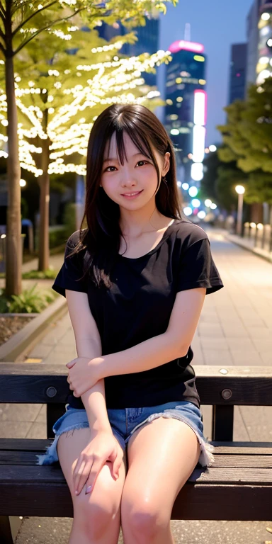 1 girl, tokyo street, night, cityscape, city lights, Upper body, close, smile, (8K, RAW photo, highest quality, masterpiece: 1.2), (genuine, photogenuine: 1.37), sitting on a park bench Look at me and smile, There are many trees nearby, There is also a fountain, A little water from the fountain enters the photo frame