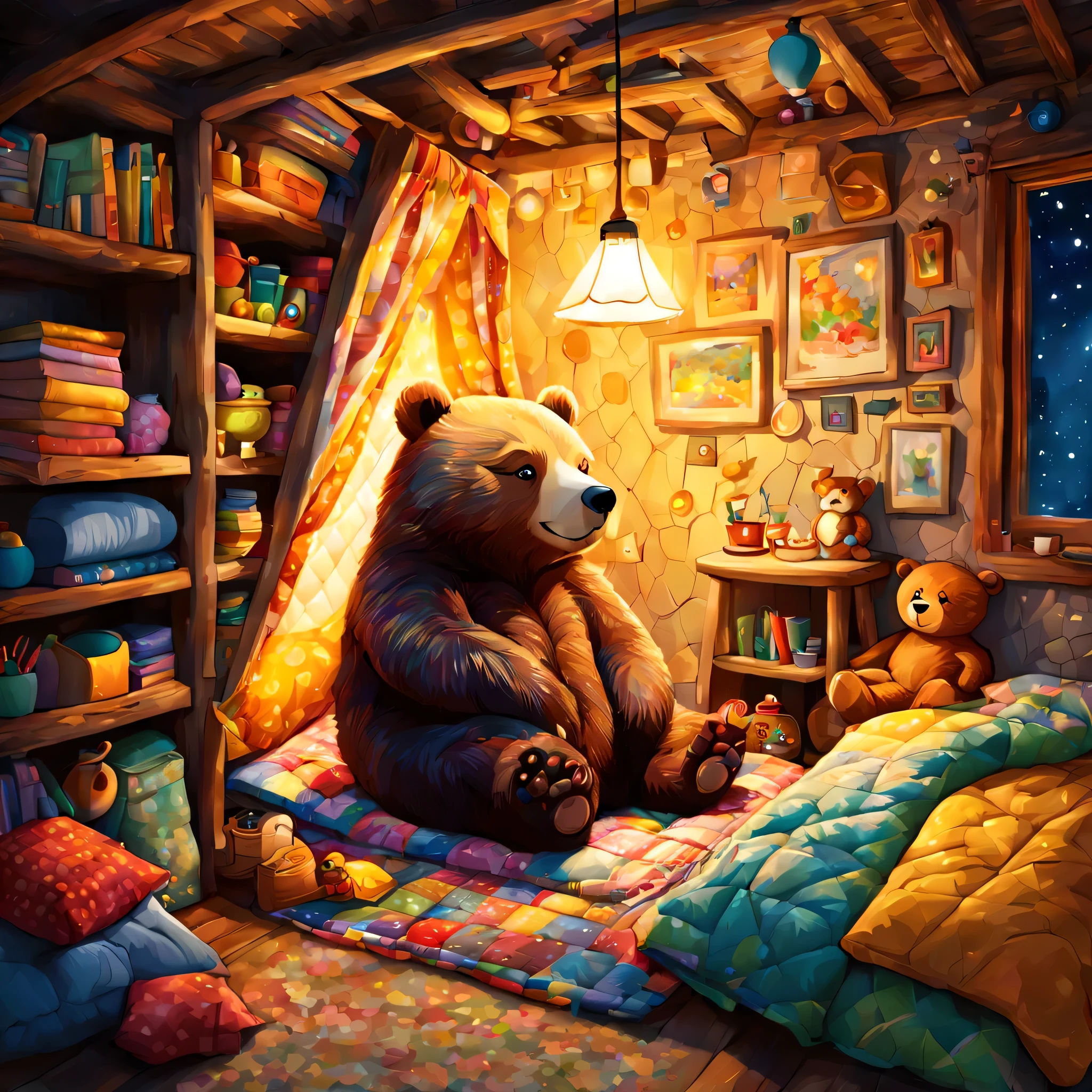 cuteAn illustration,underground:endures:In the hole,bear family:animal:hibernating:cute:nestle:sleep:comfortable and warm:looks happy,An illustration,pop,colorfulに,draw with thick lines,color,dim,lamp light,hibernatingのbear familyが眠っています:dream a happy dream,The nest is warm and full of happiness,,colorful,fancy,fantasy,Patchwork:comforter,Detailed details,fluffy