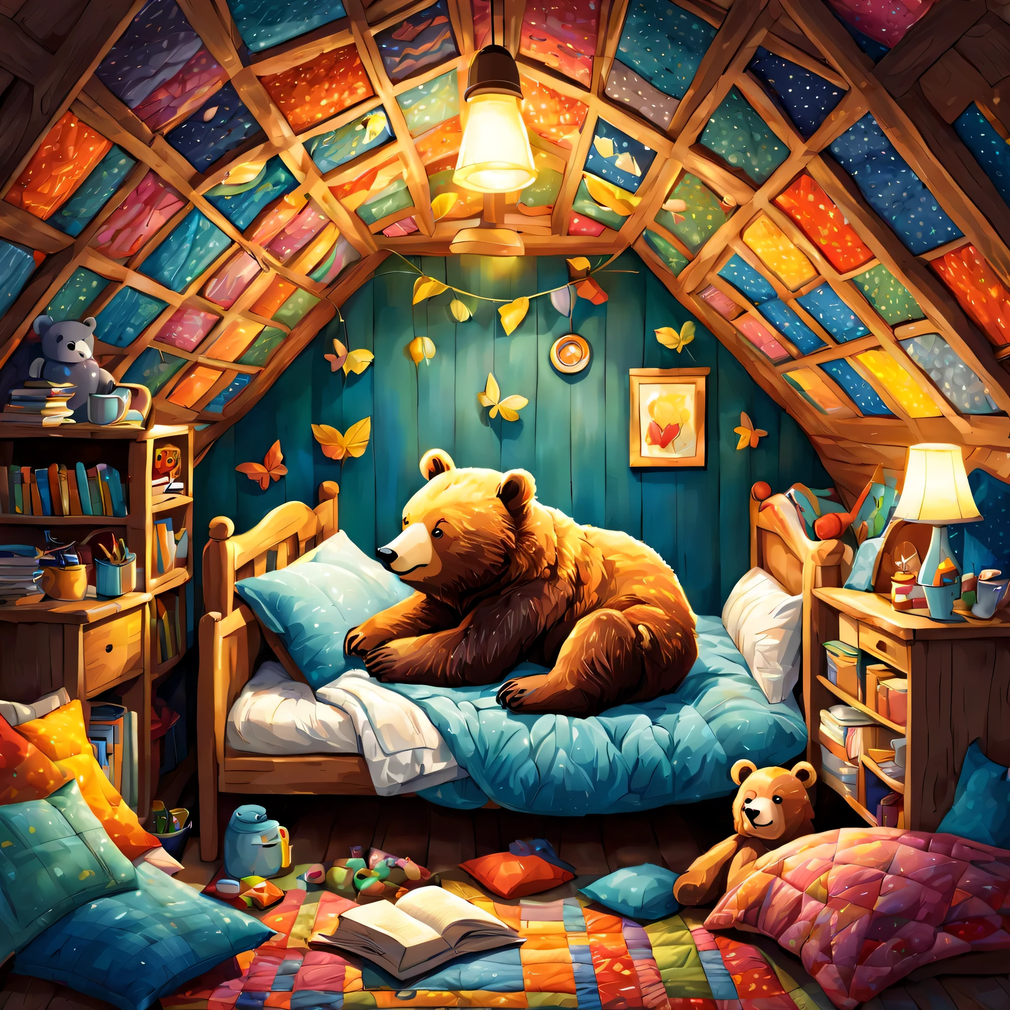 cuteAn illustration,underground:endures:In the hole,bear family:animal:hibernating:cute:nestle:sleep:comfortable and warm:looks happy,An illustration,pop,colorfulに,draw with thick lines,color,dim,lamp light,hibernatingのbear familyが眠っています:dream a happy dream,The nest is warm and full of happiness,,colorful,fancy,fantasy,Patchwork:comforter,Detailed details,fluffy