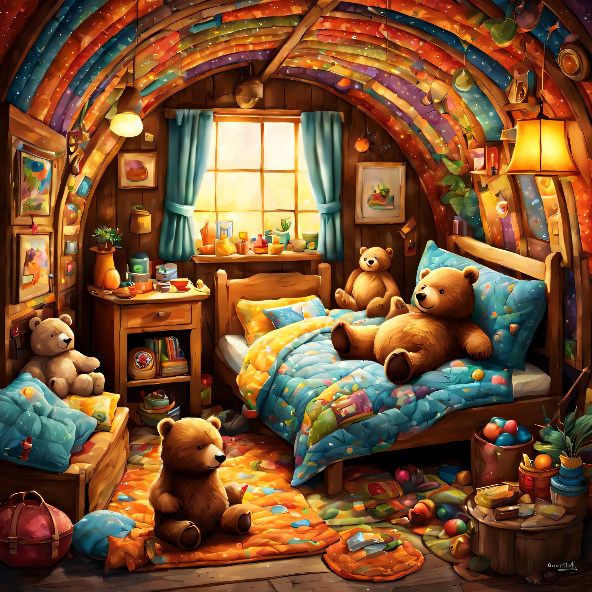 cuteAn illustration,underground:endures:In the hole,bear family:animal:hibernating:cute:nestle:sleep:comfortable and warm:looks happy,An illustration,pop,colorfulに,draw with thick lines,color,dim,lamp light,hibernatingのbear familyが眠っています:dream a happy dream,The nest is warm and full of happiness,,colorful,fancy,fantasy,Patchwork:comforter,Detailed details,fluffy