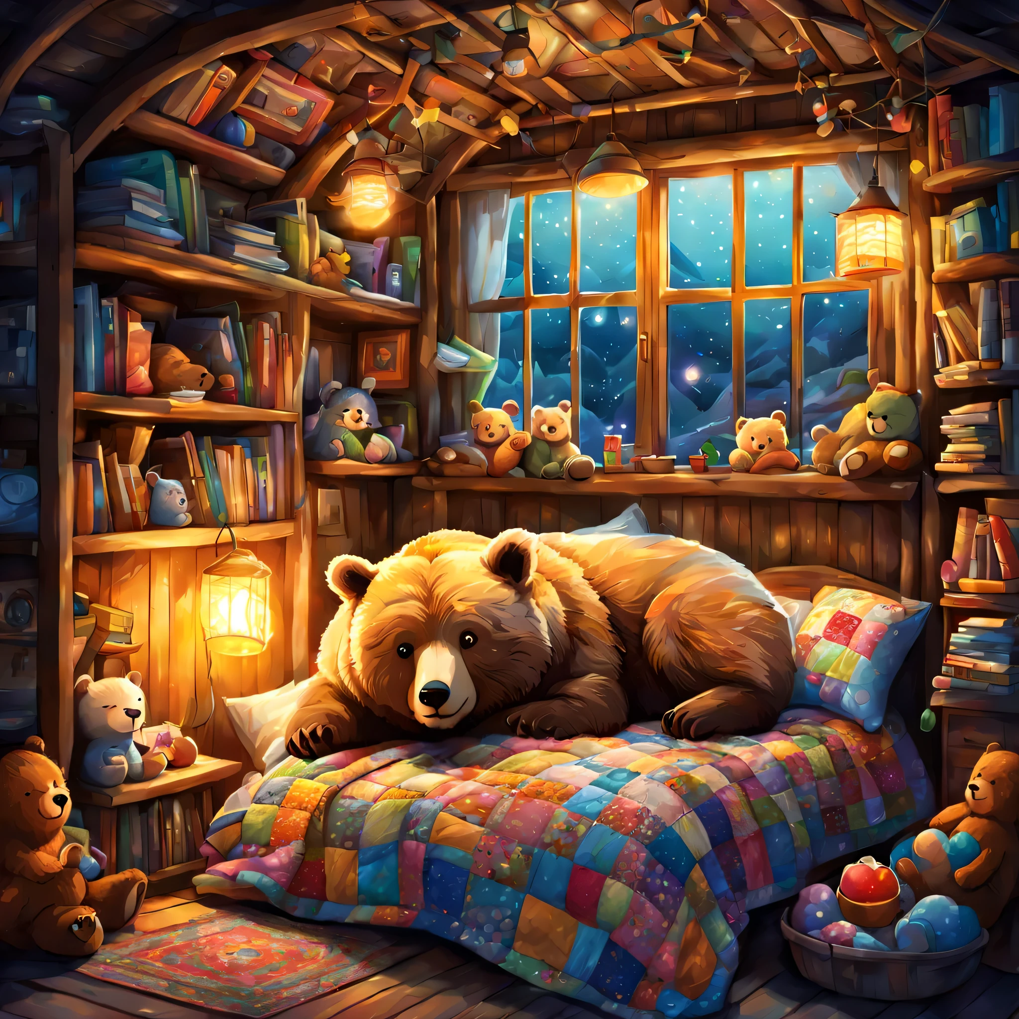 cuteAn illustration,underground:endures:In the hole,bear family:animal:hibernating:cute:nestle:sleep:comfortable and warm:looks happy,An illustration,pop,colorfulに,draw with thick lines,color,dim,lamp light,hibernatingのbear familyが眠っています:dream a happy dream,The nest is warm and full of happiness,,colorful,fancy,fantasy,Patchwork:comforter,Detailed details,fluffy
