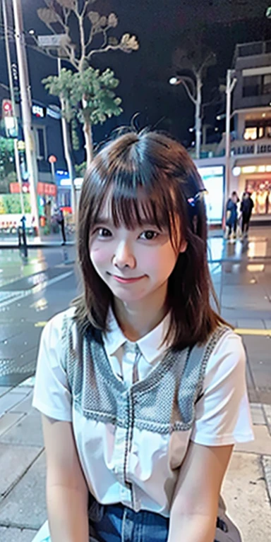 1 girl, tokyo street, night, cityscape, city lights, Upper body, close, smile, (8K, RAW photo, highest quality, masterpiece: 1.2), (genuine, photogenuine: 1.37), sitting on a park bench Look at me and smile, There are many trees nearby, There is also a fountain, A little water from the fountain enters the photo frame