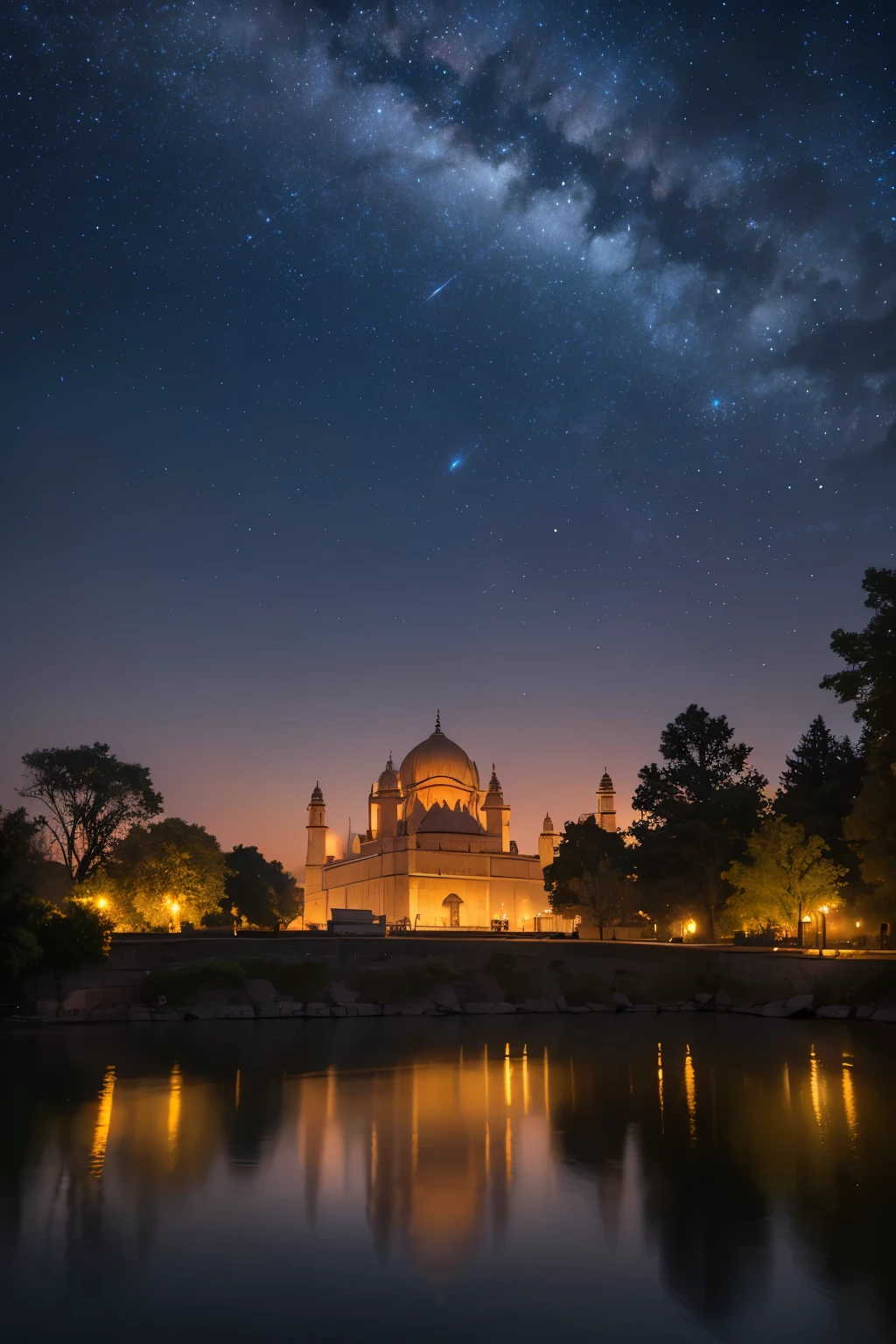 Capture the mesmerizing night view of Ayodhya's cityscape from a drone, showcasing the city's radiant beauty under the starlit sky. With every twinkle of the stars, the cityscapes' structures come to life, bathed in an ethereal glow. The buildings, illuminated by intricate light designs, stand tall against the backdrop of the milky way. The rivers reflect the glowing lights, creating a mirror-like effect that adds to the enchantment. The trees, with their silhouetted leaves, add depth and texture to the scene. The long exposure technique captures the dynamic lighting, creating a hyper-realistic image. The