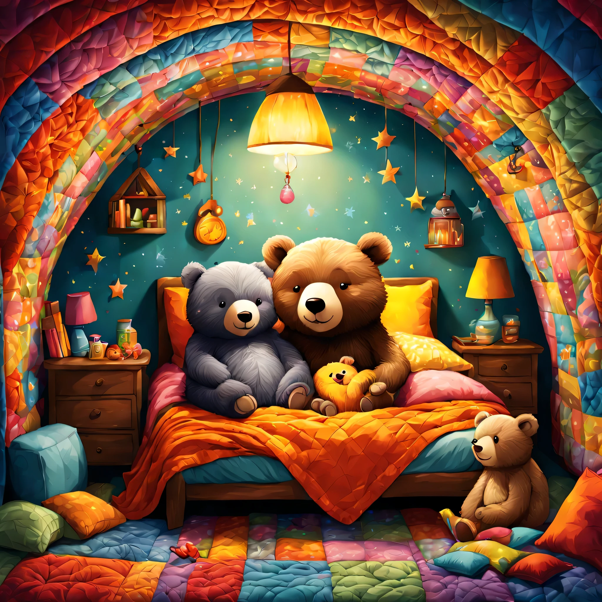 cuteAn illustration,underground:endures:In the hole,bear family:animal:hibernating:cute:nestle:sleep:comfortable and warm:looks happy,An illustration,pop,colorfulに,draw with thick lines,color,dim,lamp light,hibernatingのbear familyが眠っています:dream a happy dream,The nest is warm and full of happiness,,colorful,fancy,fantasy,Patchwork:comforter,Detailed details,fluffy