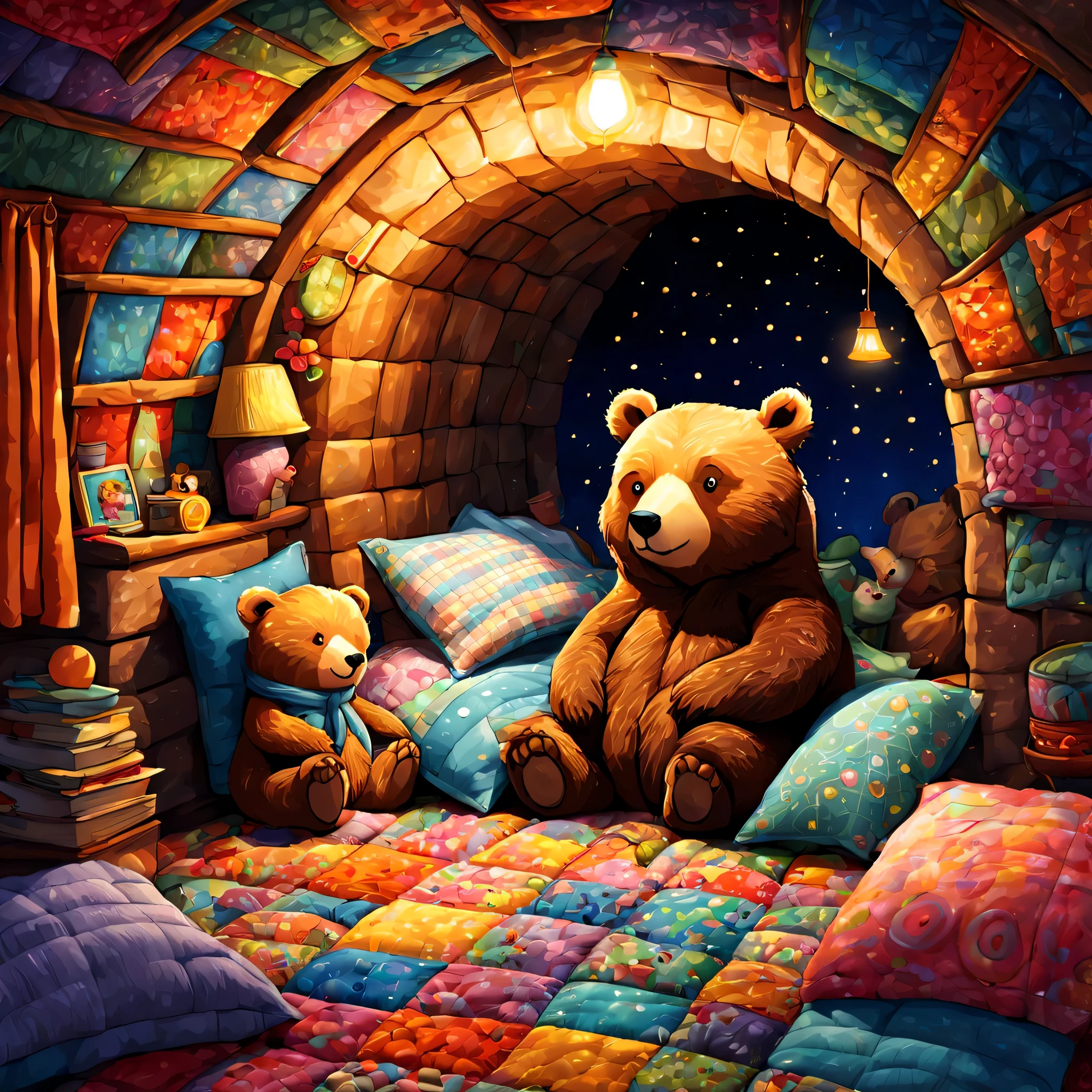 cuteAn illustration,underground:endures:In the hole,bear family:animal:hibernating:cute:nestle:comfortable and warm:looks happy,An illustration,pop,colorfulに,draw with thick lines,color,dim,lamp light,hibernatingのbear familyが眠っています:dream a happy dream,The nest is warm and full of happiness,,colorful,fancy,fantasy,Patchwork:comforter,Detailed details,fluffy
