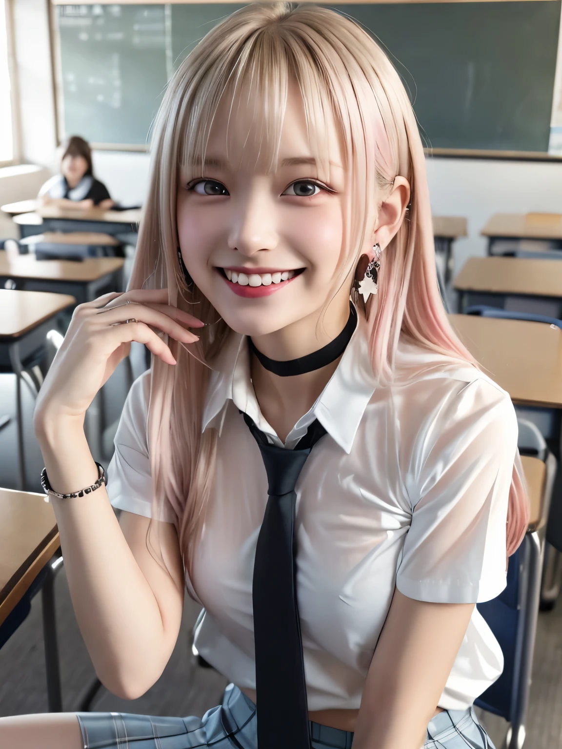 mix 4, (8K, RAW photo, highest quality, masterpiece: 1.45), (realistic, photorealistic: 1.37), Kitagawa Marine, (blonde hair, pink gradient hair:1.5), ((long hair:1.2, Sink bangs,colorful hair, red eyes)),pose like a model,((Bold pose with forward bending posture))、(((Sitting with legs wide open:1.5)))、(sitting with one&#39;s knees up:1.4)、japanese woman, 16 years old,high school student、model body shape, (big breasts:1.1), thin waist, beautiful face, beautiful eyes, , jewelry,earrings, white shirt, Tied shirts, black choker, blue tie, plaid skirt, grin and laugh, smile, Are standing, cowboy shot, inside the school、classroom、sitting on the desk、hight school, 1 girl, alone, detailed face and eyes, upper body photo. realistic, realistic.MarinGyaru,school_uniform