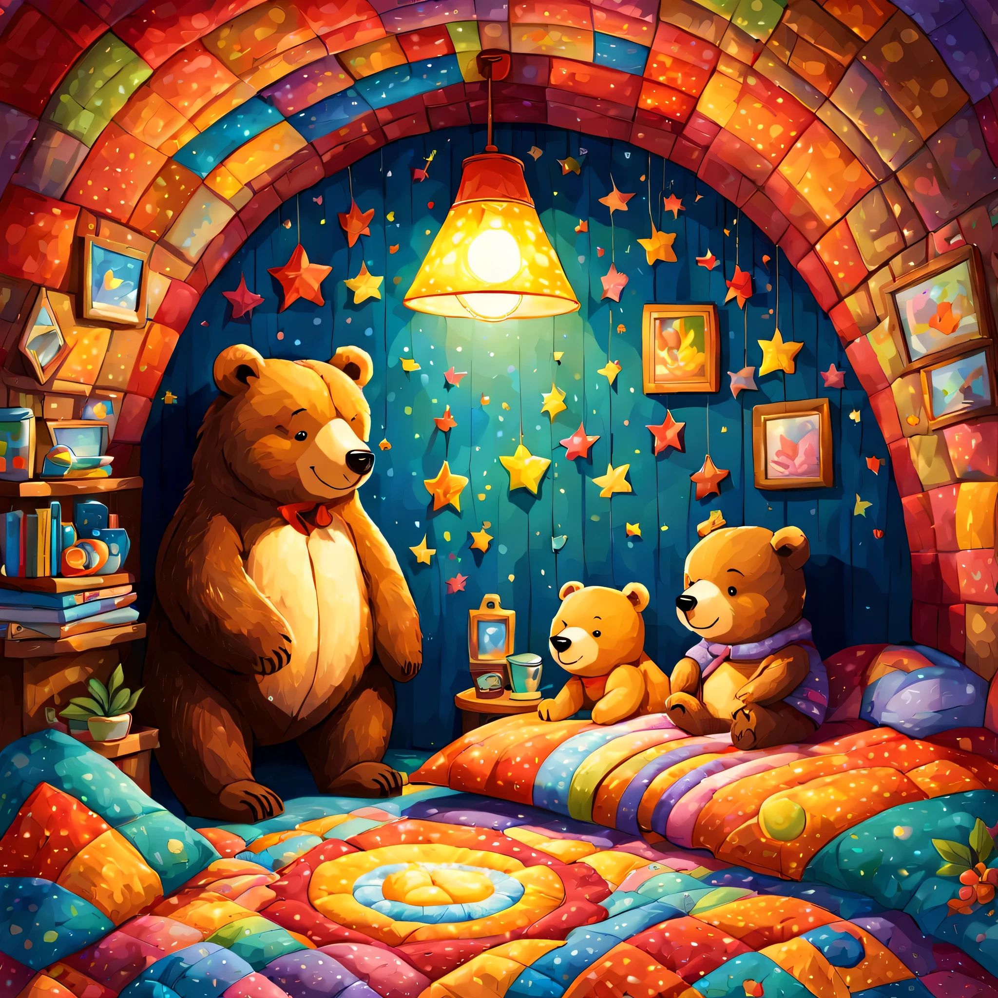 cuteAn illustration,underground:endures:In the hole,bear family:animal:hibernating:cute:nestle:comfortable and warm:looks happy,An illustration,pop,colorfulに,draw with thick lines,color,dim,lamp light,hibernatingのbear familyが眠っています:dream a happy dream,The nest is warm and full of happiness,,colorful,fancy,fantasy,Patchwork:comforter,Detailed details,fluffy