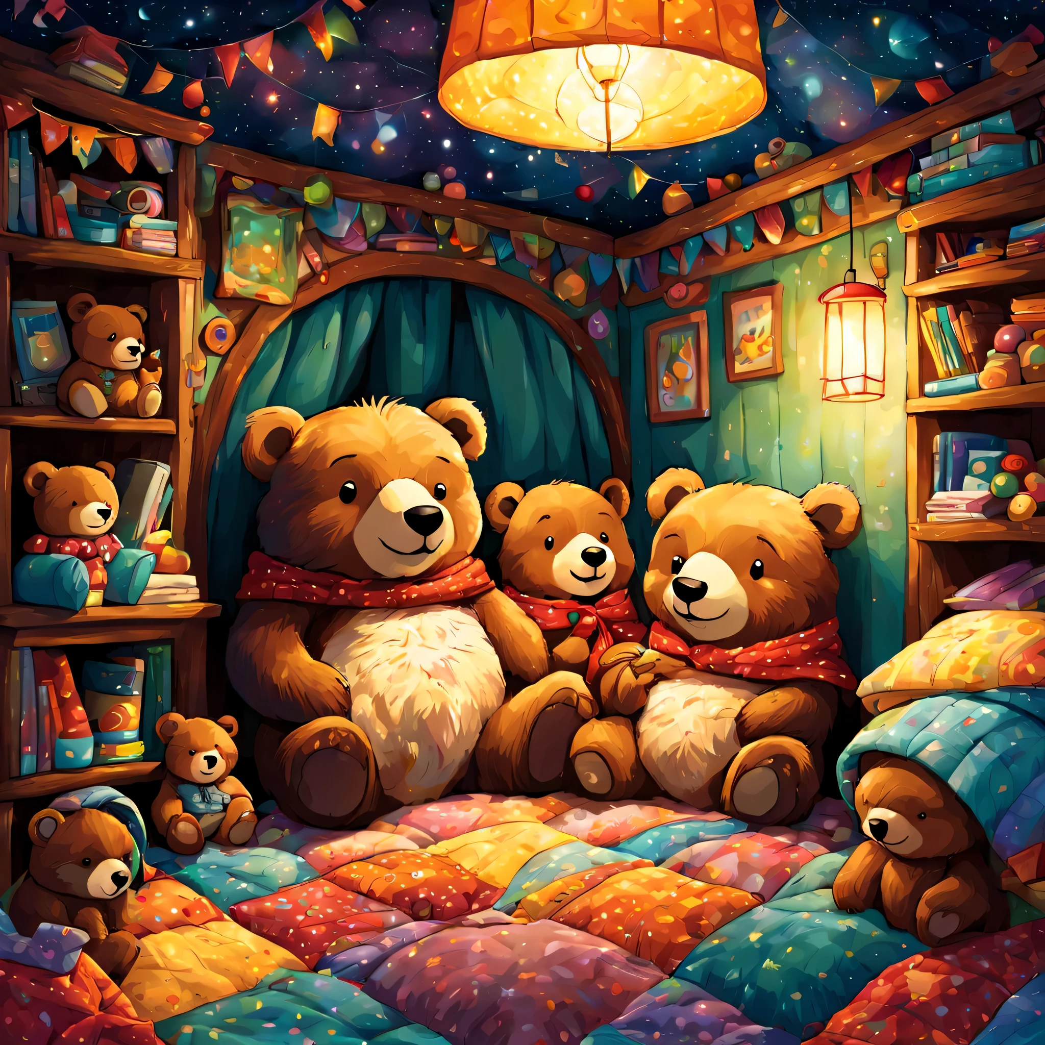 cuteAn illustration,underground:endures:In the hole,bear family:animal:hibernating:cute:nestle:comfortable and warm:looks happy,An illustration,pop,colorfulに,draw with thick lines,color,dim,lamp light,hibernatingのbear familyが眠っています:dream a happy dream,The nest is warm and full of happiness,,colorful,fancy,fantasy,Patchwork:comforter,Detailed details,fluffy