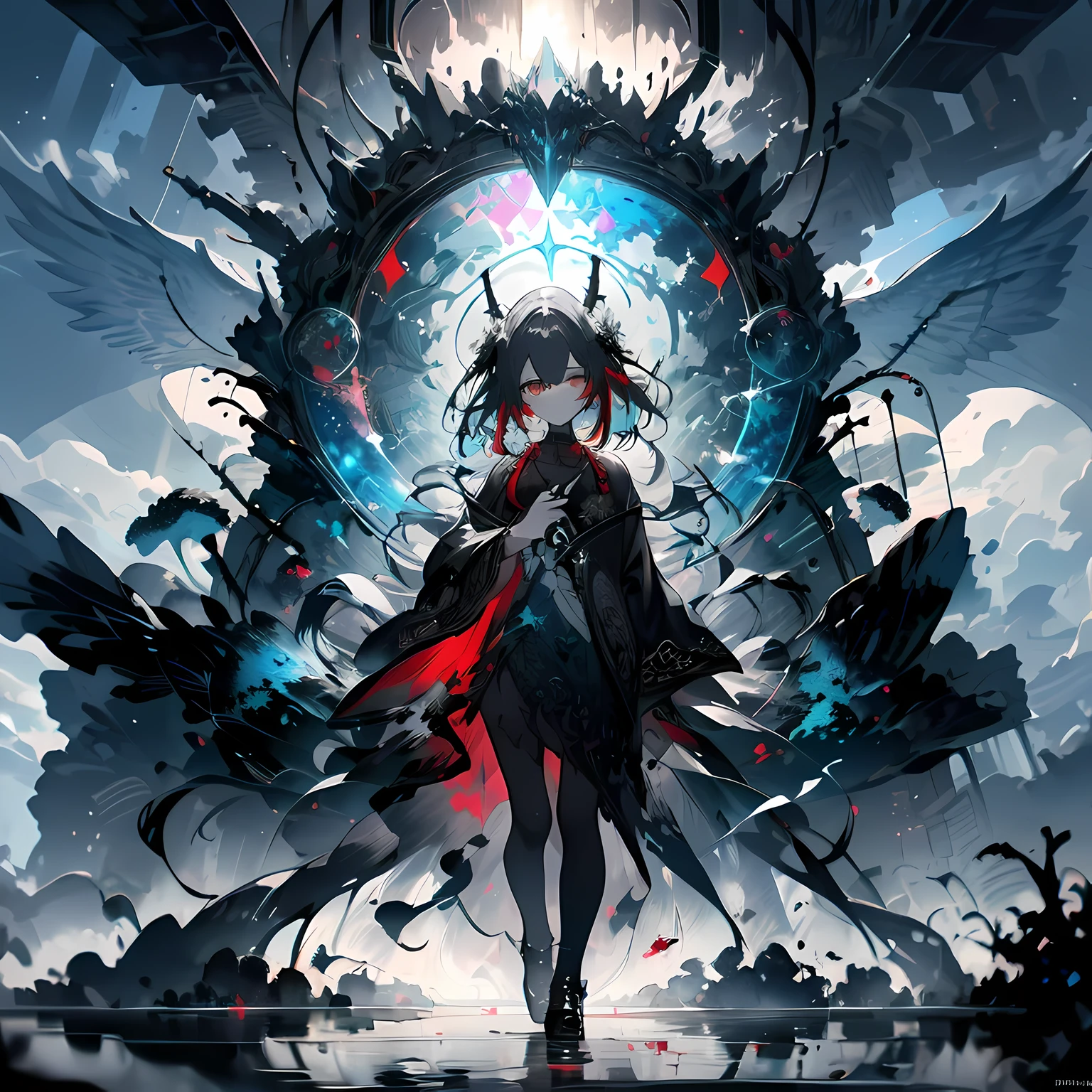 A woman in a black dress standing in front of a giant clock - SeaArt AI