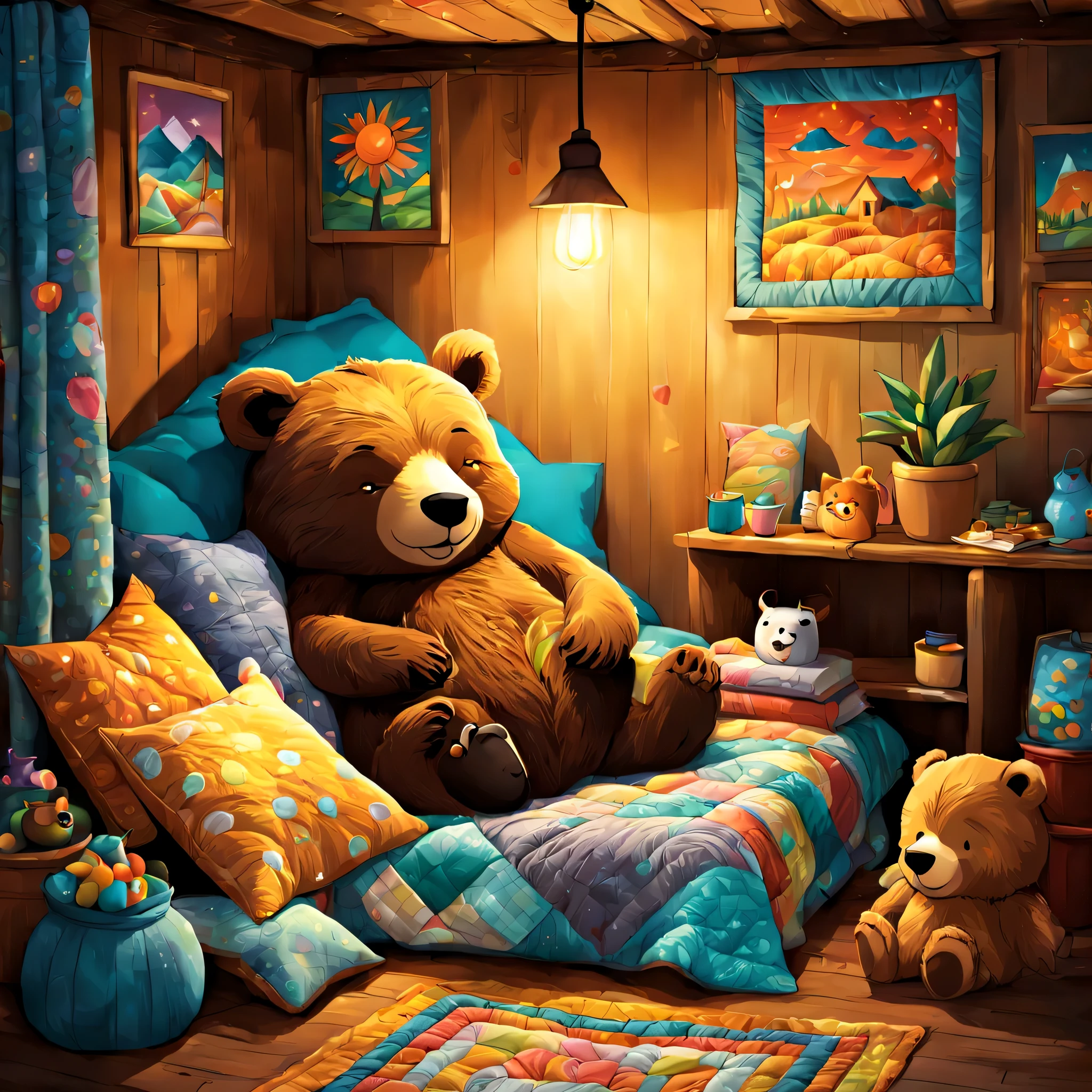 cuteAn illustration,underground:endures:In the hole,bear family:animal:hibernating:cute:nestle:sleep:comfortable and warm:looks happy,An illustration,pop,colorfulに,draw with thick lines,color,dim,lamp light,hibernatingのbear familyが眠っています:dream a happy dream,The nest is warm and full of happiness,,colorful,fancy,fantasy,Patchwork:comforter,Detailed details,fluffy