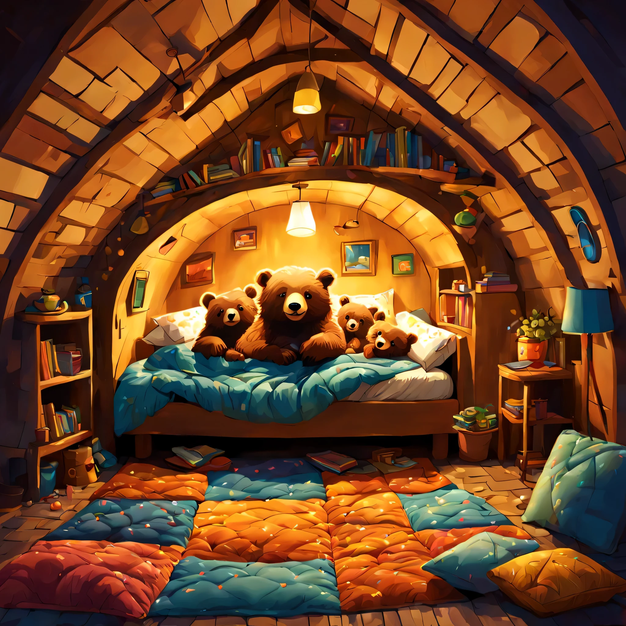 cuteAn illustration,underground:endures:In the hole,bear family:animal:hibernating:cute:nestle:sleep:comfortable and warm:looks happy,An illustration,pop,colorfulに,draw with thick lines,color,dim,lamp light,hibernatingのbear familyが眠っています:dream a happy dream,The nest is warm and full of happiness,,colorful,fancy,fantasy,Patchwork:comforter,Detailed details,fluffy