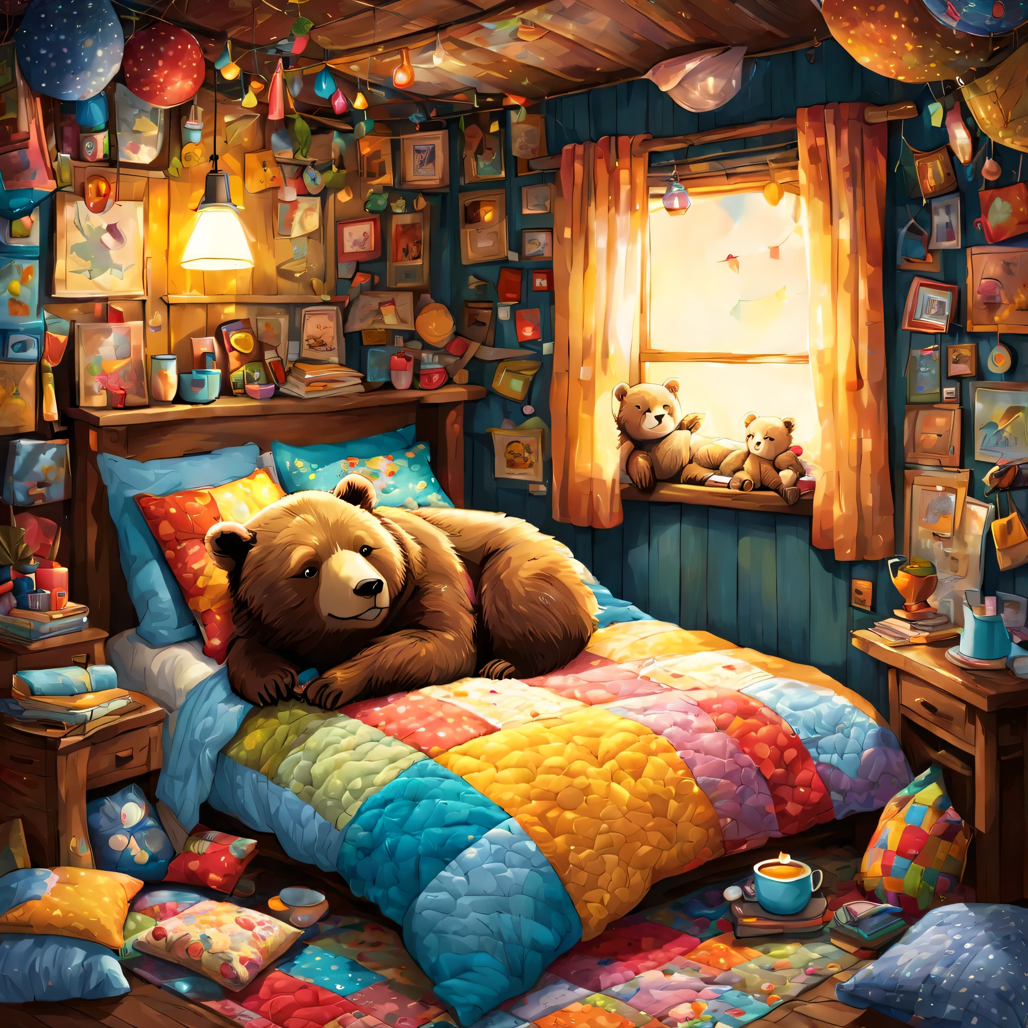 cuteAn illustration,underground:endures:In the hole,Bear brother:Subbear:animal:hibernating:cute:nestle:sleep:comfortable and warm:looks happy,An illustration,pop,colorfulに,draw with thick lines,color,dim,lamp light,hibernatingのクマの親子が眠っています:dream a happy dream,The nest is warm and full of happiness,,colorful,fancy,fantasy,Patchwork:comforter,Detailed details,fluffy,anatomically correct
