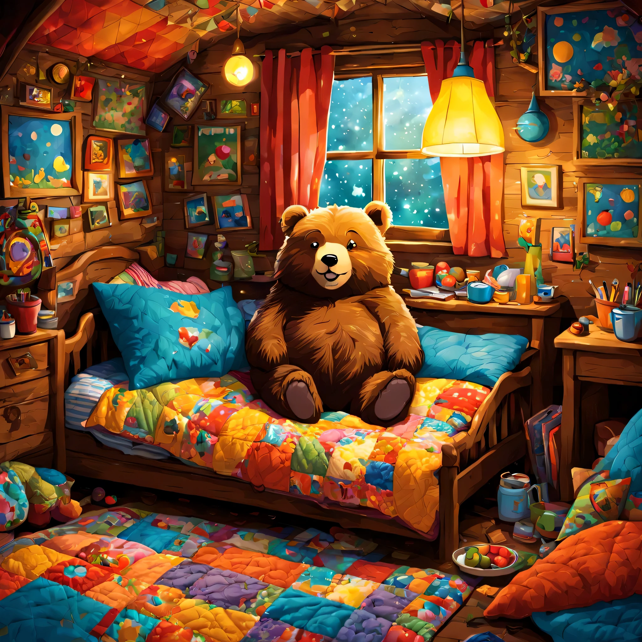 cuteAn illustration,underground:endures:In the hole,Bear brother:Subbear:animal:hibernating:cute:nestle:sleep:comfortable and warm:looks happy,An illustration,pop,colorfulに,draw with thick lines,color,dim,lamp light,hibernatingのクマの親子が眠っています:dream a happy dream,The nest is warm and full of happiness,,colorful,fancy,fantasy,Patchwork:comforter,Detailed details,fluffy,anatomically correct