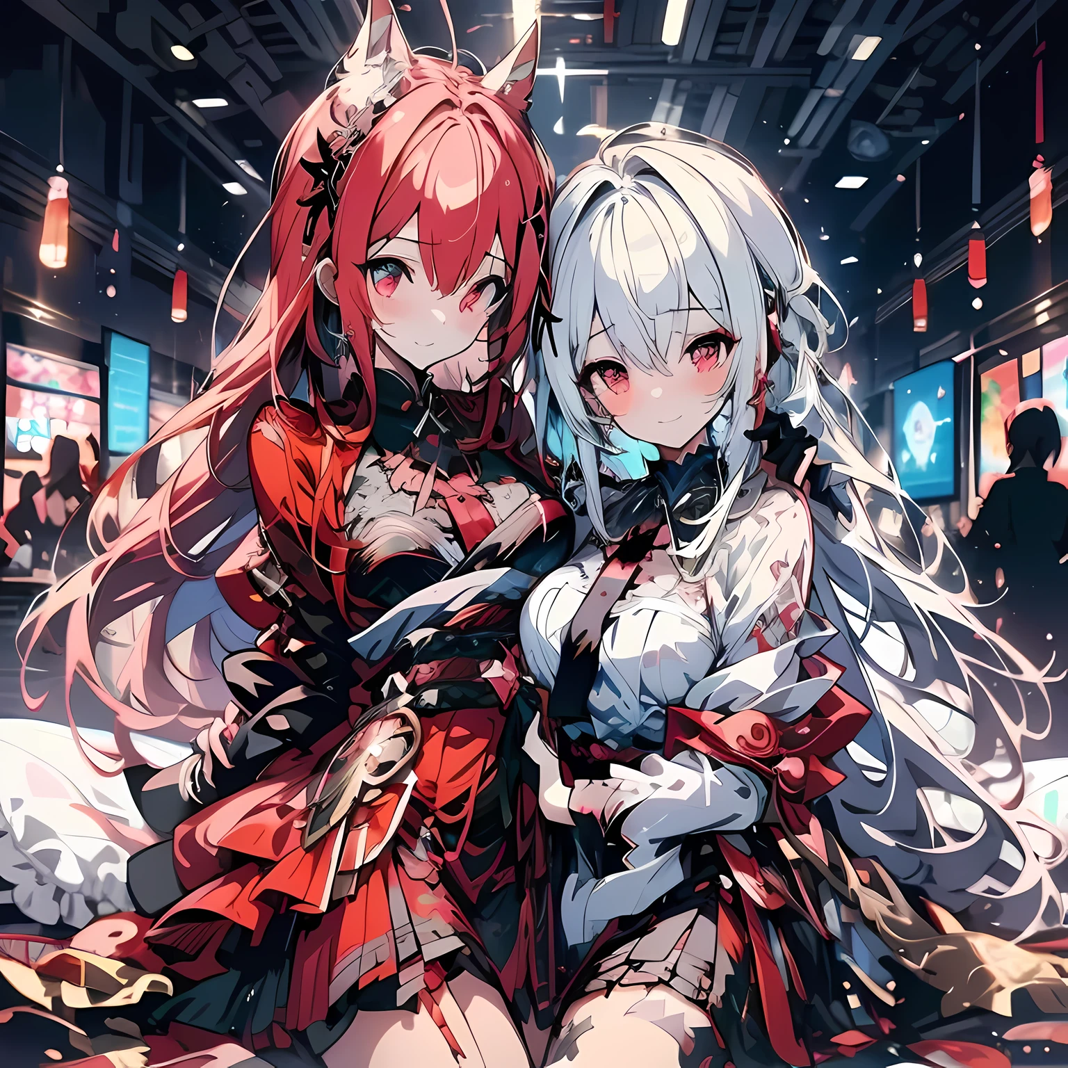 Japanese cartoons - image de style de deux femmes vêtues de rouge et blanc allongées sur un lit, embrace, Rougecent, a painting of'Japanese cartoons par Kamagurka, pixiv, realism, two beautiful girls'Japanese cartoons, wlop sum sakimichan, guweiz sur Pixiv Artstation, anime girl, In Pixiv, guweiz, from video games《Azure Lane》, mind, ahog