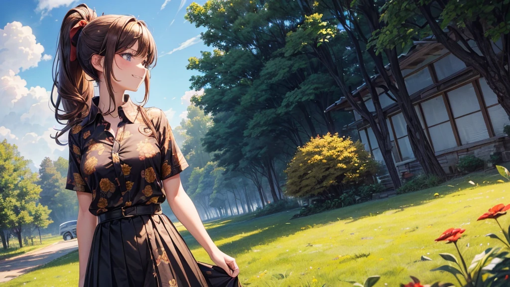 1girl, full body, solo, village, trees, sun, clouds, brown hair, long hair, curly hair, ponytail, large breasts, button down shirt, ((black floral pattern shirt)), ((unbuttoned shirt)), blue eyes, ((short sleeved shirt)), red and black skirt, grin, looking at the viewer, ((standng)), hair ribbon, golden necklate