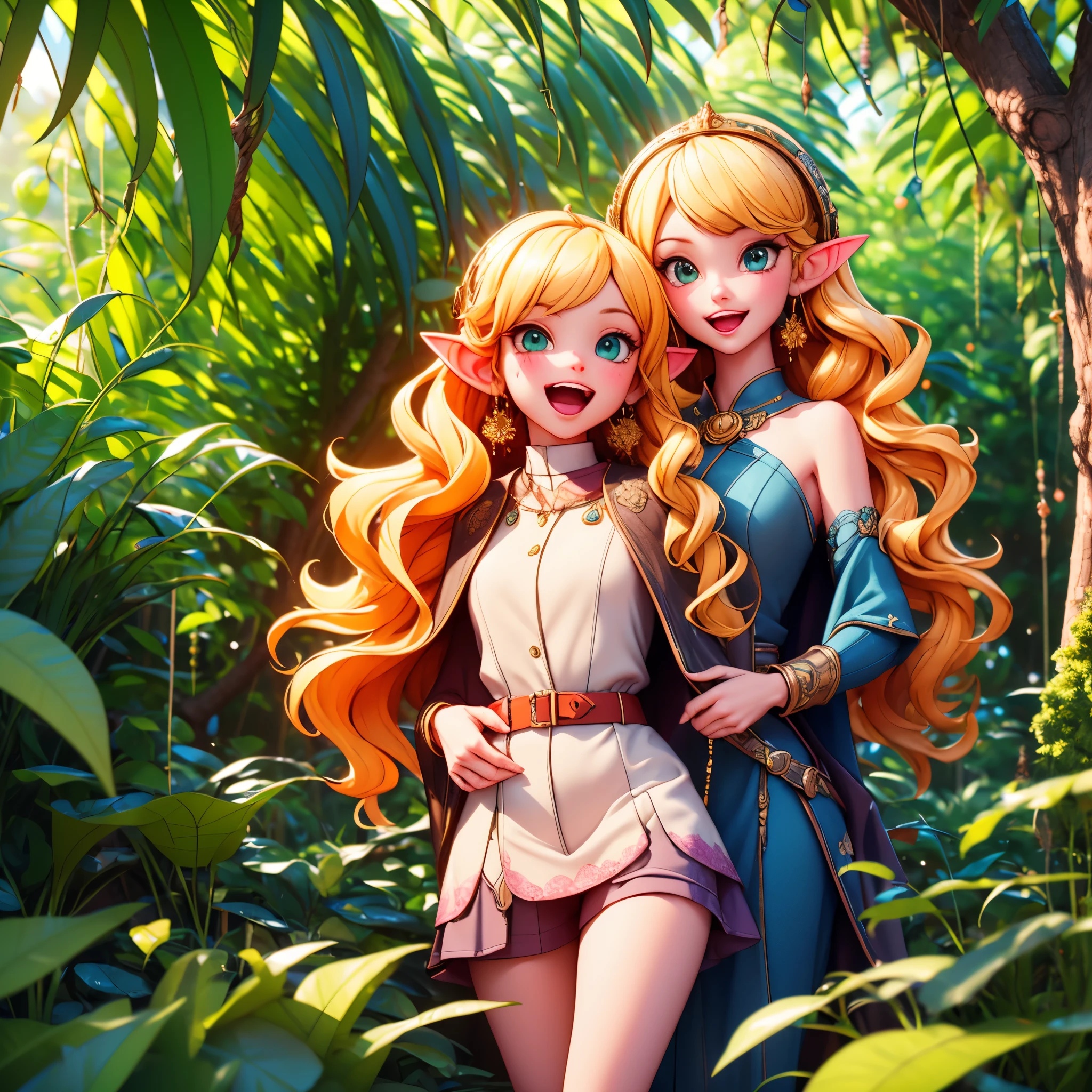 (extremely detailed fine touch:1.2), (natural light, sun light, light rays, dappled light, ray tracing:1.2), mature female , masterpiece, best quality, highly quality , ANI_CLASSIC_deedlit_ownwaifu, www.ownwaifu.com, pointy ears, blonde hair, long hair, elf, circlet, green eyes, long pointy ears, very long hair, breasts, medium breasts, earrings, lips, makeup, bangs, cape, armor, blue cape, shoulder armor, pauldrons, gloves, breastplate, belt, green dress, short dress, looking at viewer, blush, open mouth, standing, (Masterpiece, extremely detailed CG, sharp line),deedlit, offcial art, Colorful, Beautiful Japanese anime style，Extremely detailed eyes and face，Sharp pupils，realistic pupil，In the woods、cabellos largos dorados，ears of elf，Black lace panties，Slender thighs, varies multi etc. --v 6 --s 1000 --c 20 --q 20 --chaos 100