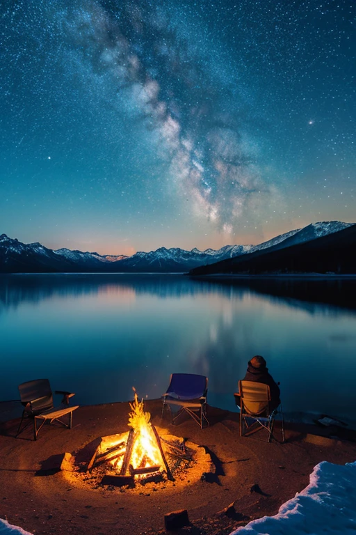 lake,winterの夜空、blazing fire,winter,campsite,landscape、snow mountain、starry sky、High resolution, 最high quality, high quality lakes,winterの夜空、blazing fire,winter,campsite,landscape、Bonfire Man,Rear view,starry sky、High resolution, 最high quality, high quality