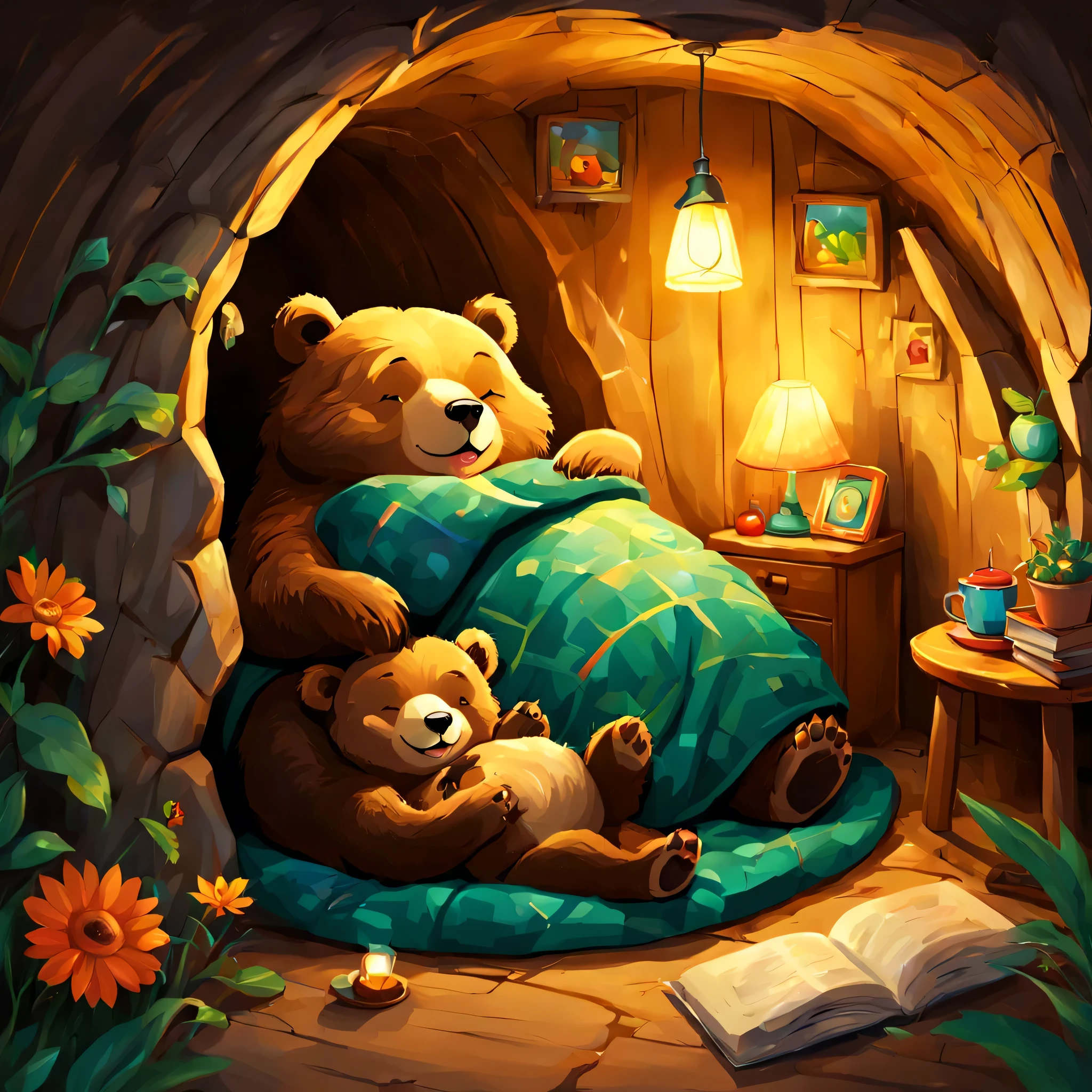 cuteAn illustration,underground:endures:In the hole,bear family:animal:hibernating:cute:nestle:sleep:comfortable and warm:looks happy,An illustration,pop,colorfulに,draw with thick lines,color,dim,lamp light,hibernatingのbear familyが眠っています:dream a happy dream,The nest is warm and full of happiness,,colorful,fancy,fantasy