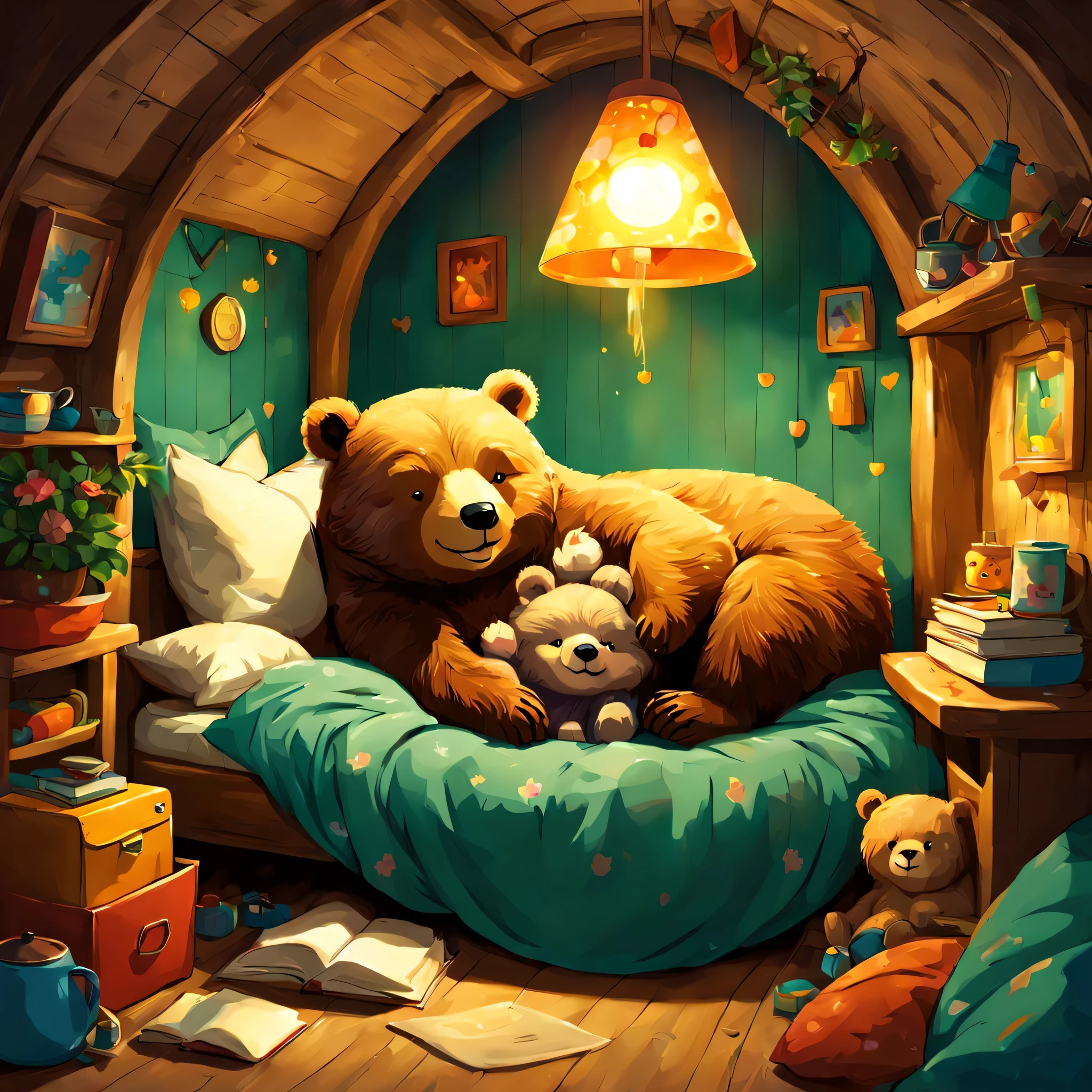 cuteAn illustration,underground:endures:In the hole,bear family:animal:hibernating:cute:nestle:sleep:comfortable and warm:looks happy,An illustration,pop,colorfulに,draw with thick lines,color,dim,lamp light,hibernatingのbear familyが眠っています:dream a happy dream,The nest is warm and full of happiness,,colorful,fancy,fantasy